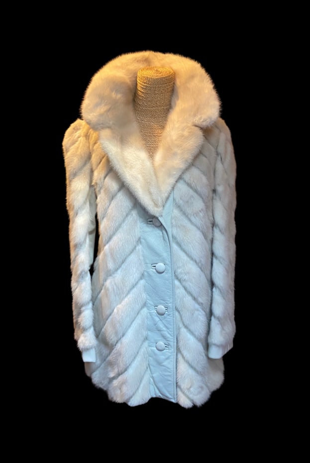 Vintage White Mink Fur Coat with Shawl Collar and Leather Trim (1 of 11)