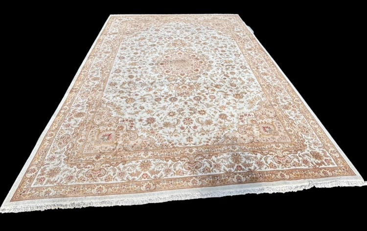 Large Hand Knotted Persian Tabriz Style Wool and Silk Carpet: Fine Persian Tabriz-style area rug featuring an ivory field with an intricate floral medallion and scrolling vine motifs throughout. Accented with silk highlights creating a luminous sheen across the 