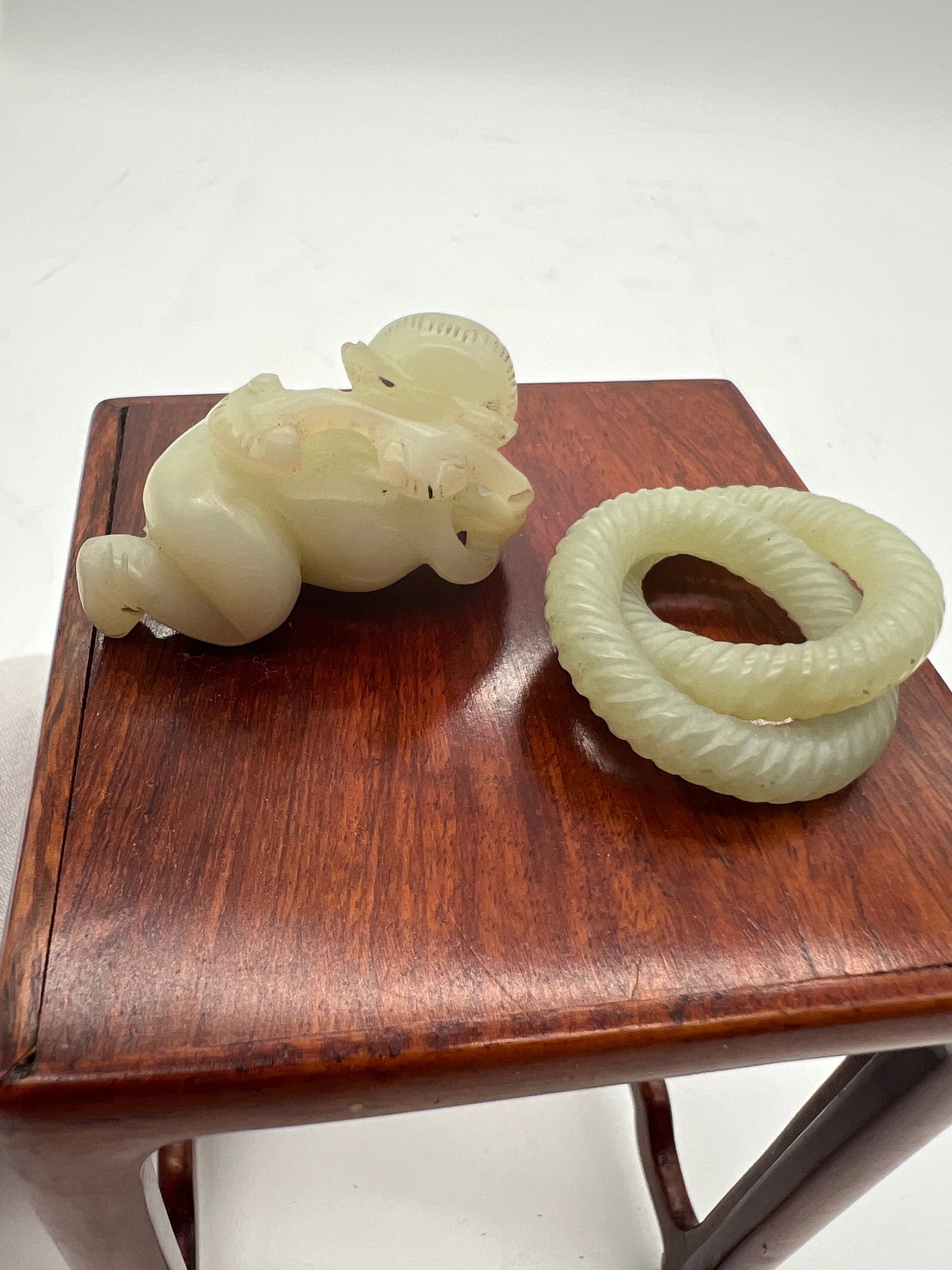 A Jade Boy Statue and two coiled circle Jade Ring - 4