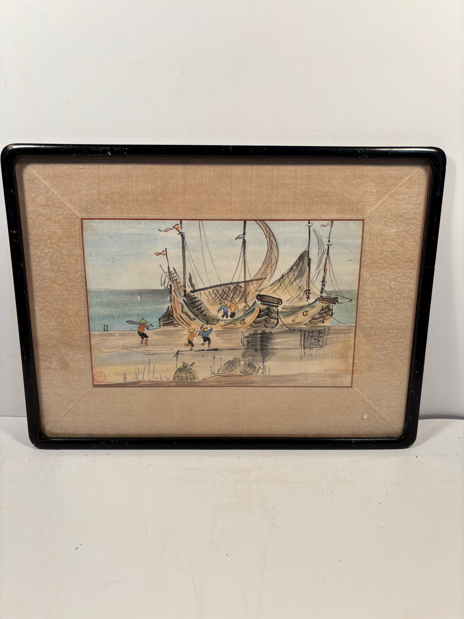 A Chinese water color painting "Fishing Village by the shore" ,unknown artist: early 20th Century , Unknown artist, Dimensions?17" x 12.5".