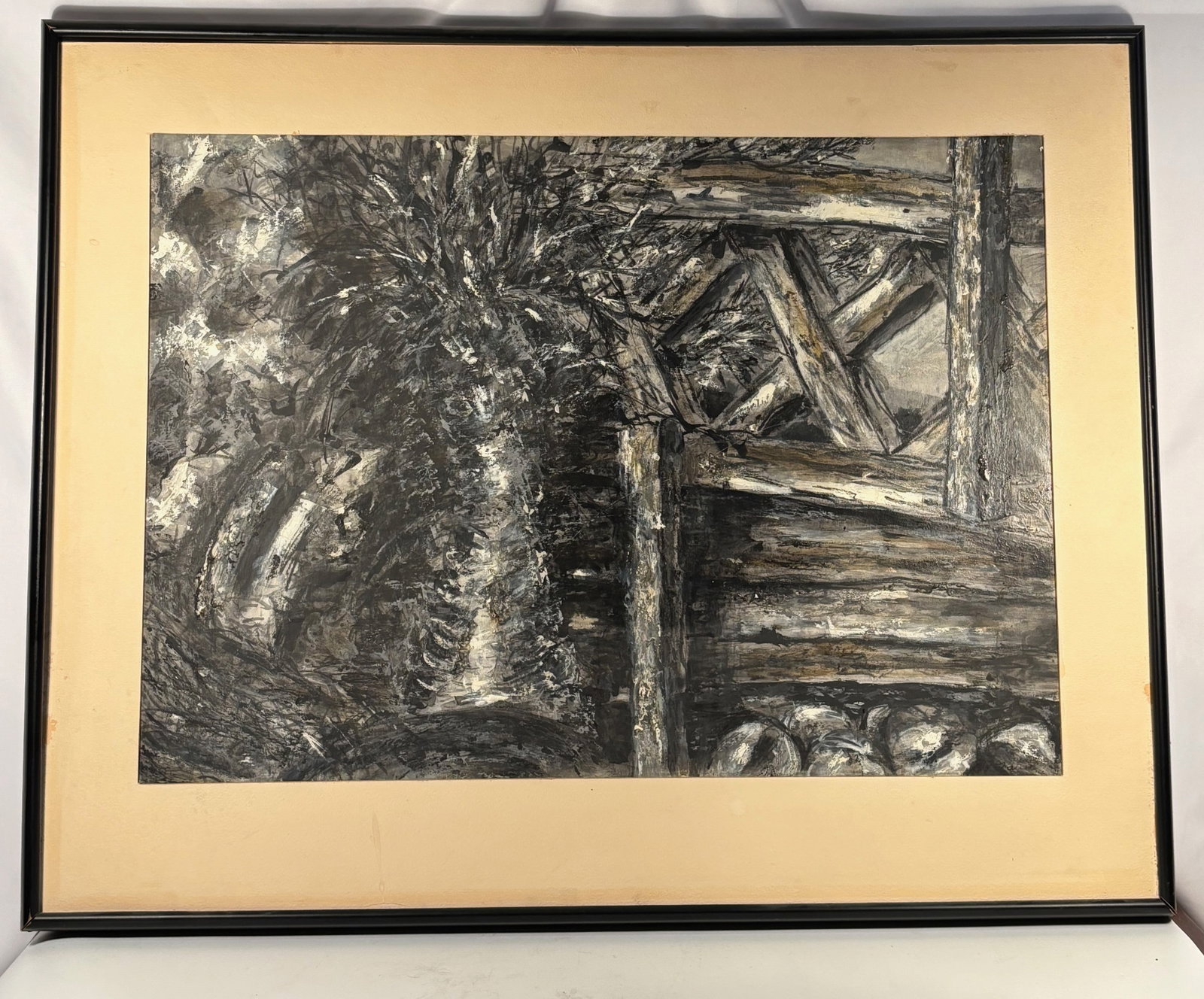Paul Gallis (American, 1946–2003), Early Abstract Textured Painting, 1966: Paul Gallis (American, 1946–2003). An early abstract painting, dated 1966, executed in thick impasto with strong black, white, and grey tones. The composition appears to depict a rustic wooden struc