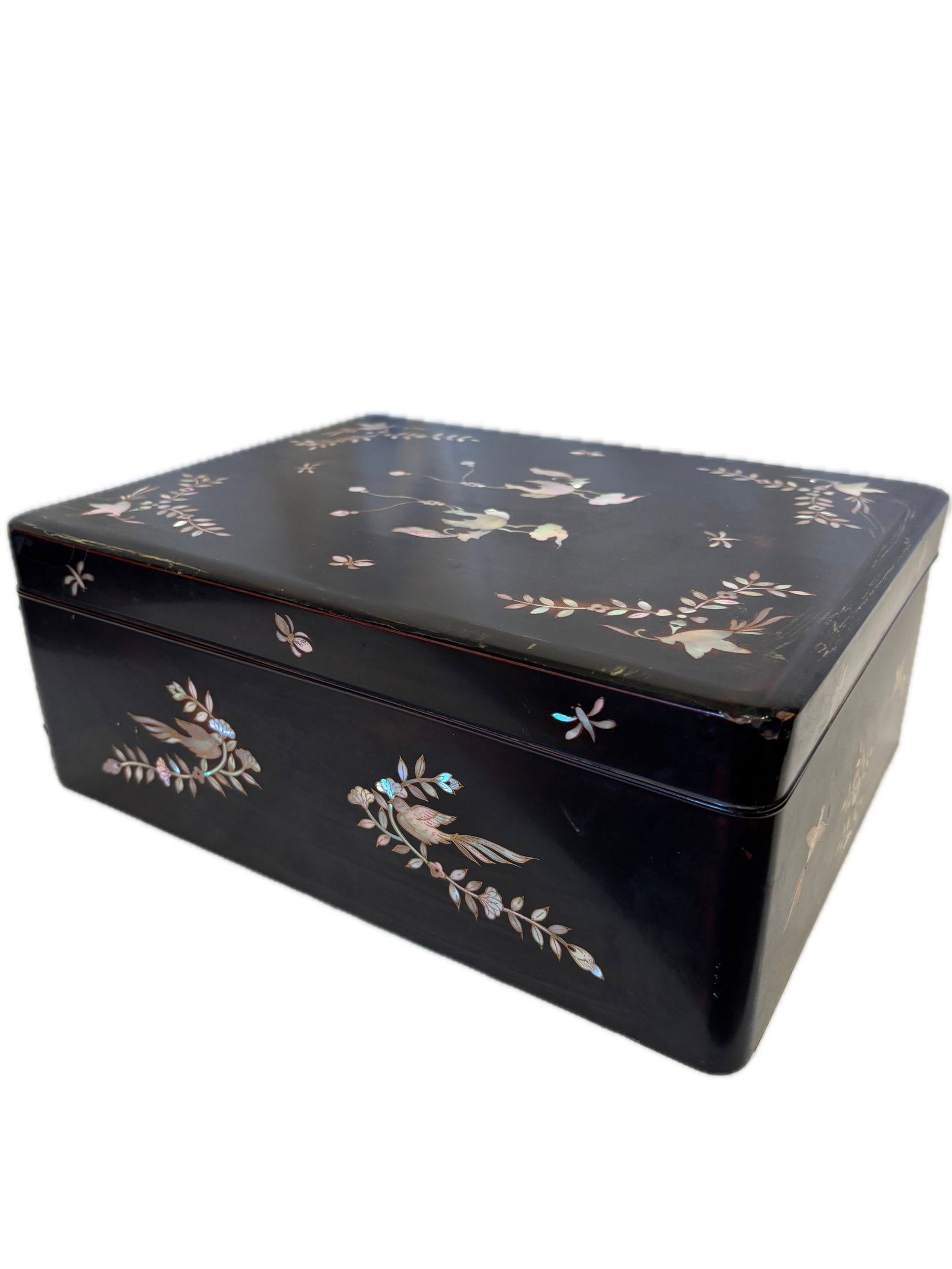Japanese Black Lacquer Cabinet or Jewelry Box with Mother-of-Pearl Inlay: Decorative black lacquer cabinet or box featuring finely inlaid mother-of-pearl birds and floral motifs. The shimmering shell inlay contrasts beautifully against the dark lacquer ground, displaying tr