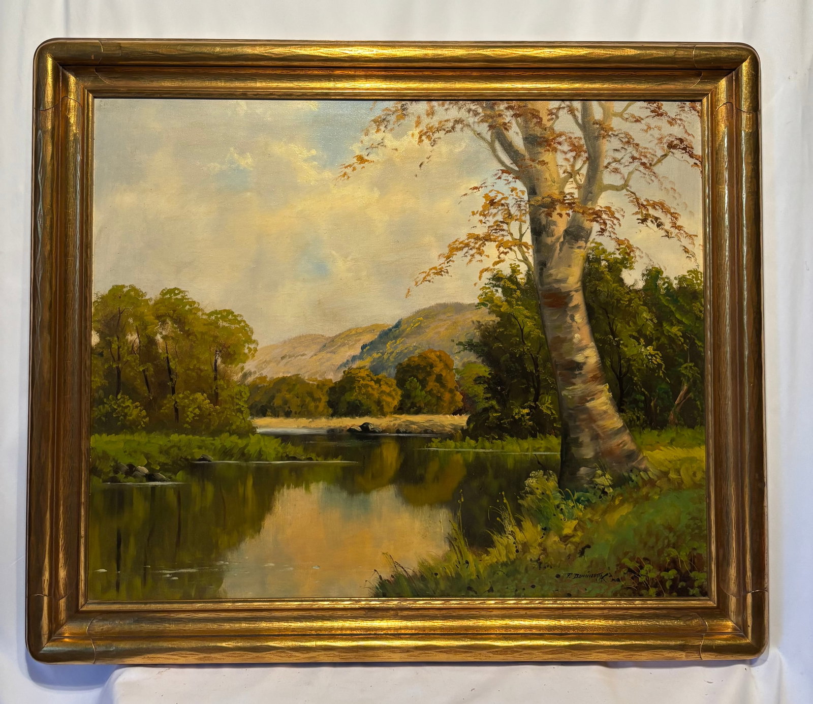F. Donnizetti, Framed Landscape Oil Painting with River and Mountain View: Signed oil on canvas landscape painting depicting a tranquil river bordered by lush trees with distant mountains beyond. Executed in a traditional realist style with soft natural light, reflective wat