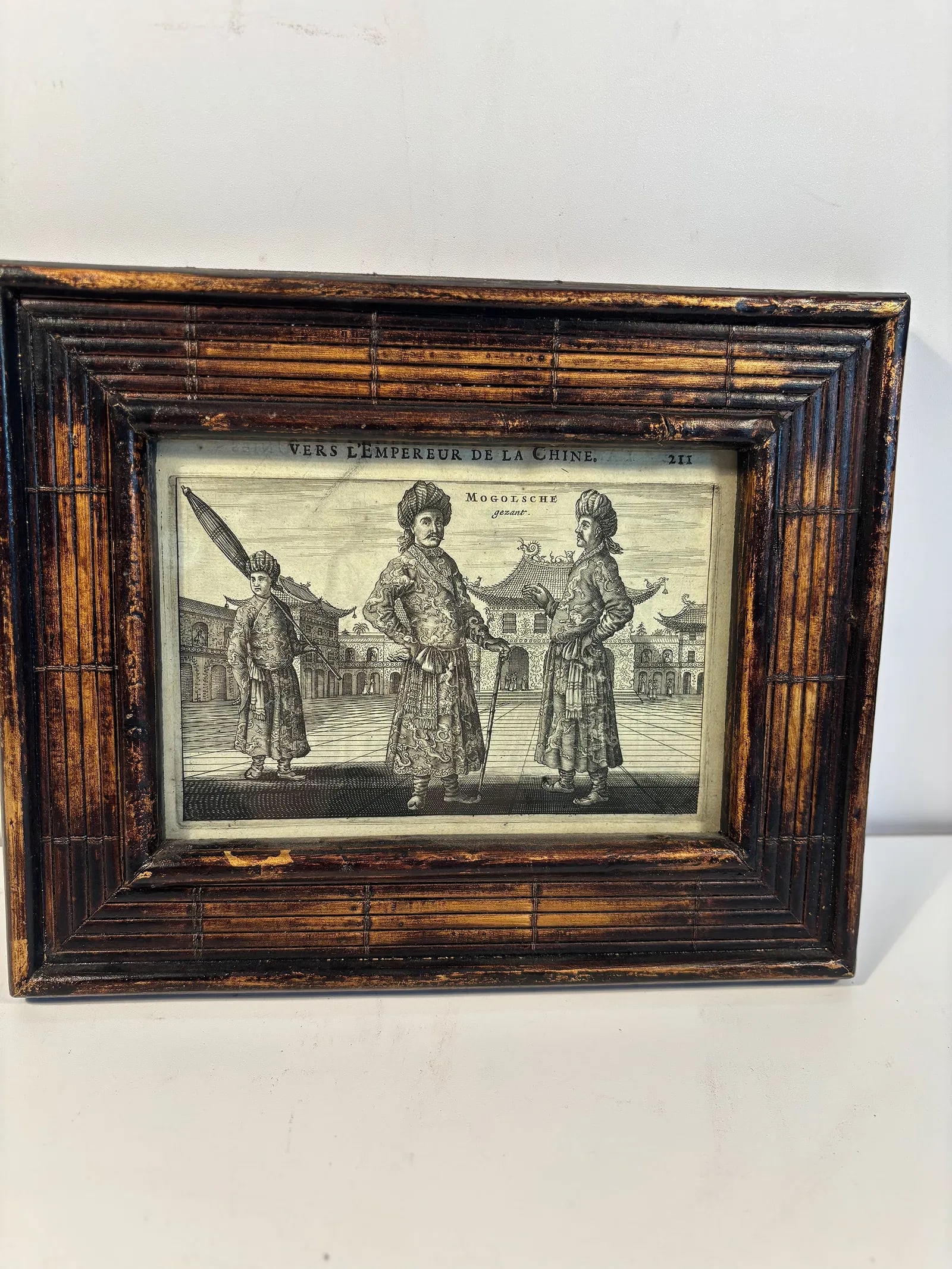 A copperplate engraving titled "Mogolsche Gezant" by Jacob Meurs(1620-1680): 17th century ;It is a copperplate engraving by Jacob Meurs (1620–1680), titled Mogolsche Gezant, depicting an ambassador from the Mogul court. This engraving was part of Jan Nieuhoff’s book,page