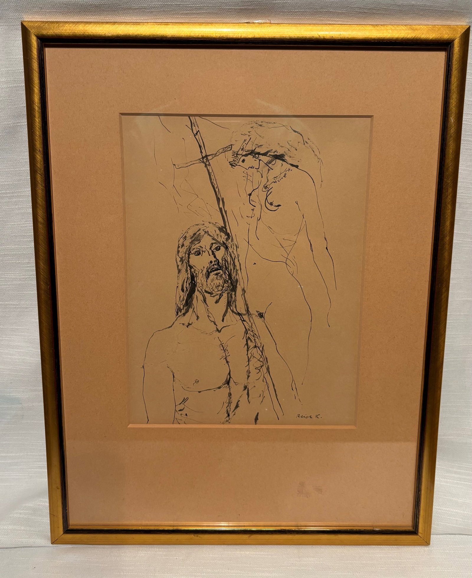 Hungarian Artist Reich Károly (1922–1988) Ink Drawing Christ Figure: Original ink drawing on paper by Hungarian artist Reich Károly (1922–1988), depicting a stylized Christ figure with expressive linear treatment. Signed lower right “Reich K.”. Mid-20th cent