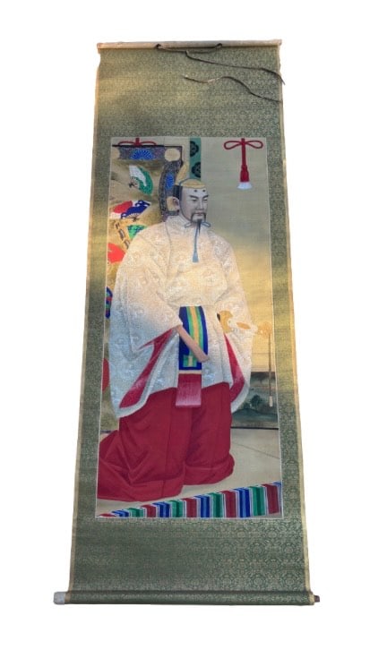 A Japanese Hand-Painted Scroll Imperail Portait Title "The Mikado Or Emperor of Japan": Meiji period (1868–1912), each exquisitely executed in ink and color on silk, mounted with brocade borders. The figure is portrayed in full court attire with elaborate kimono patterns, traditional h
