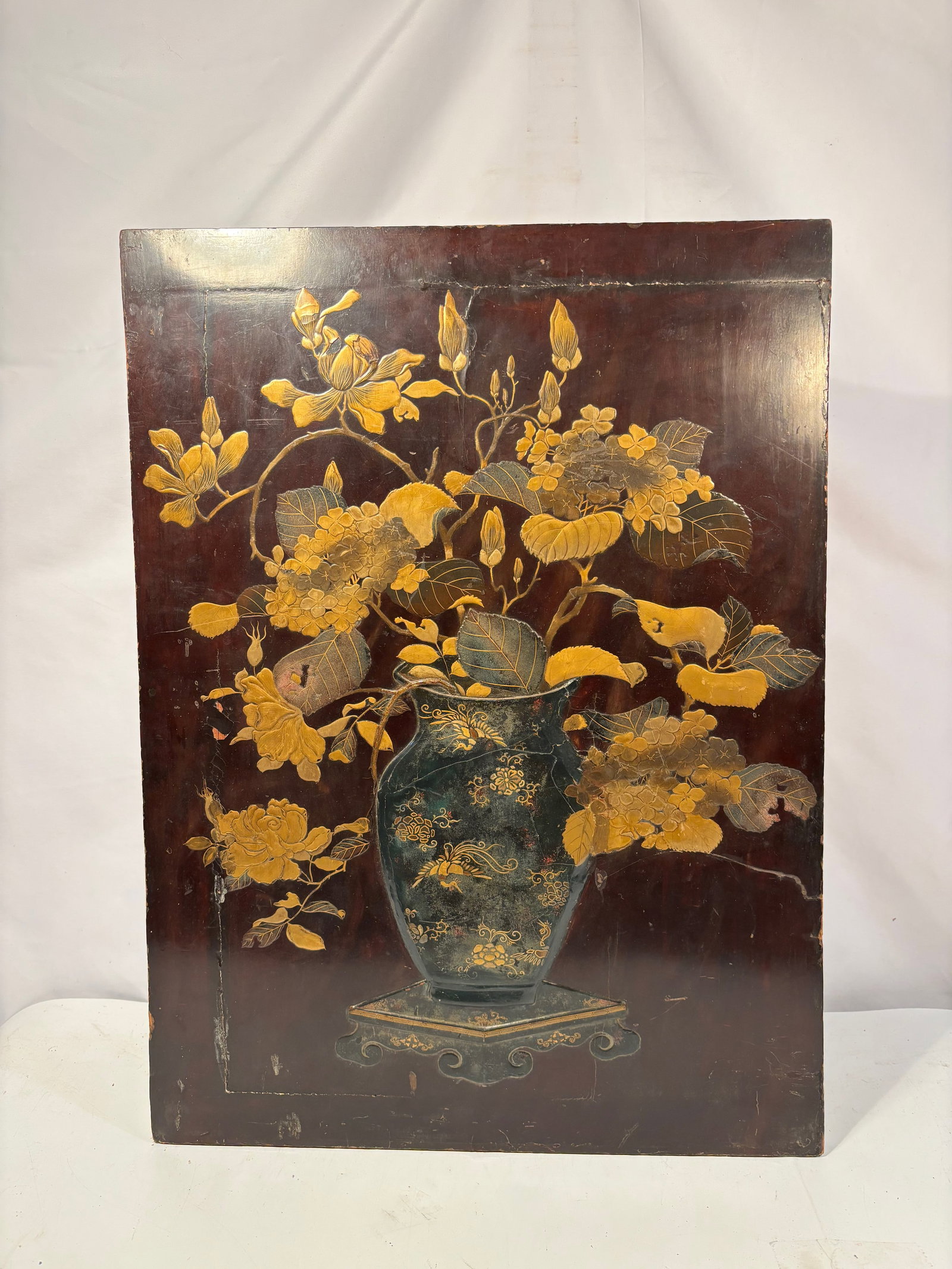A Japanese Meiji Period Lacquer Floral Panel, circa 1880–1910: The hydrangea motif is especially supportive, since floral subjects became highly popular in Japanese export decorative arts during the Meiji era. Japanese lacquerwork in this period was widely made f