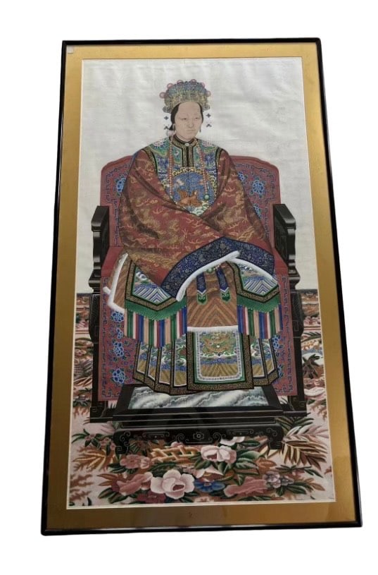A Super large Chinese Imperial Ancestor Portrait of an Empress: Qing Dynasty (1644-1912); A finely painted Chinese ancestor portrait of an Imperial lady (Empress or high-ranking consort),The sitter is depicted formally seated on a carved chair, wearing a magnifice