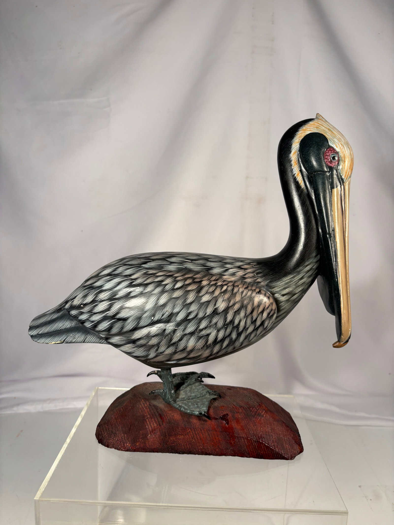 Vintage Hand-Carved & Painted Pelican Bird Sculpture on Carved Wood Bas (1 of 7)