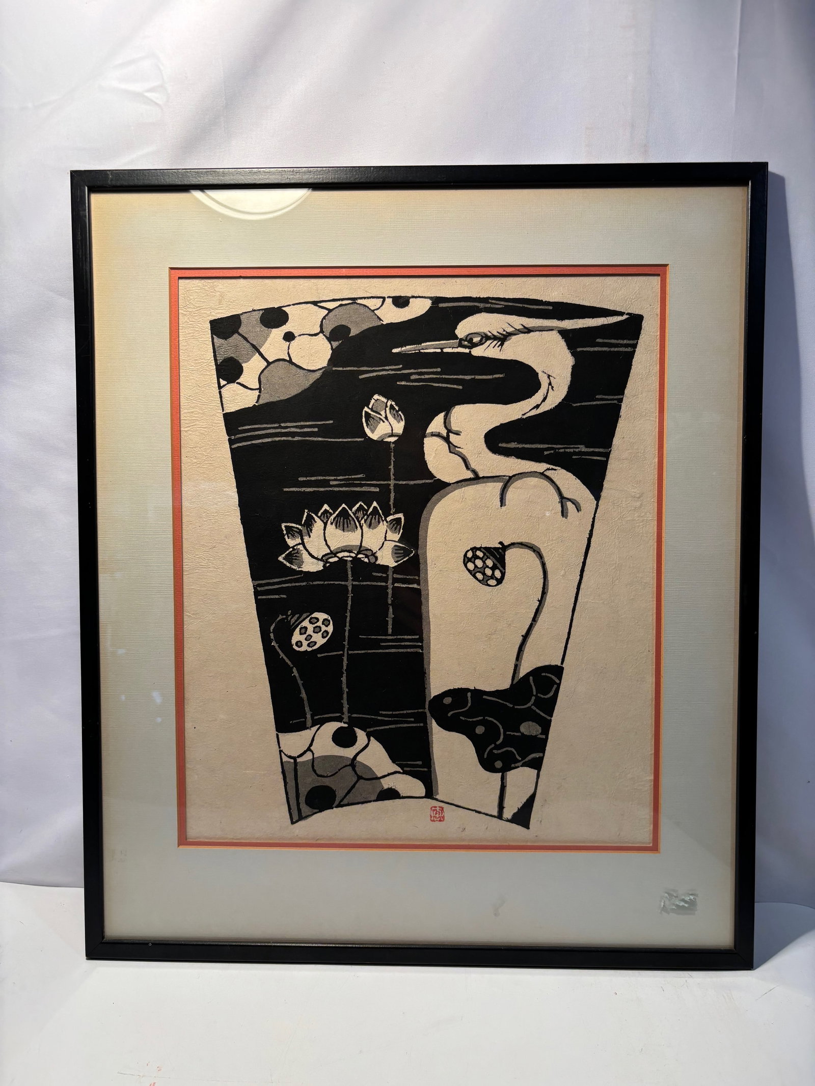 Japanese Modern Woodblock Print, Heron and Lotus, Signed with “Kei?? (?) Seal (1 of 6)