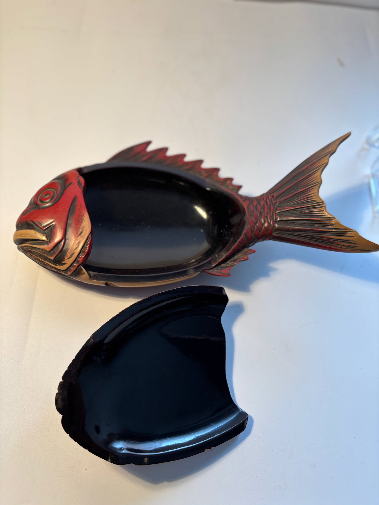 A Large Japanese lacquer Wood Fish Koi Box: Measures: 16 inches x 8 inches x 4.5 inchesDimensions?The highest incense burner height: 3 inches .