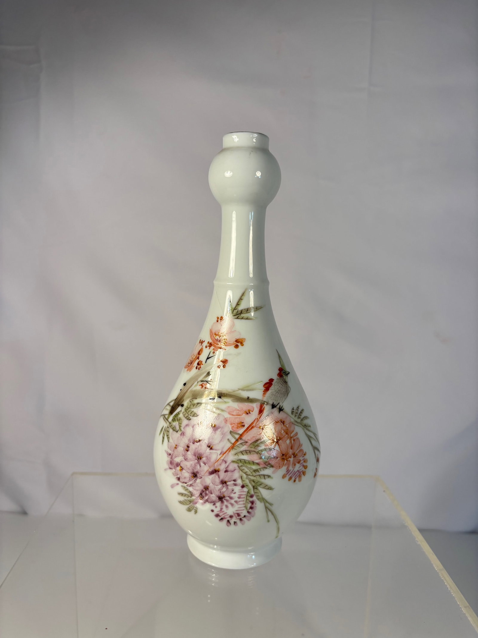 A Chinese Eggshell Porcelain Vase, Hand-painted Floral and Calligraphy Decoration, Red Seal Marks: Early 20th century (Republic period); Delicately potted Chinese eggshell porcelain vase of yuhuchunping form, finely hand-painted in polychrome enamels with flowering peonies, chrysanthemums, and foli