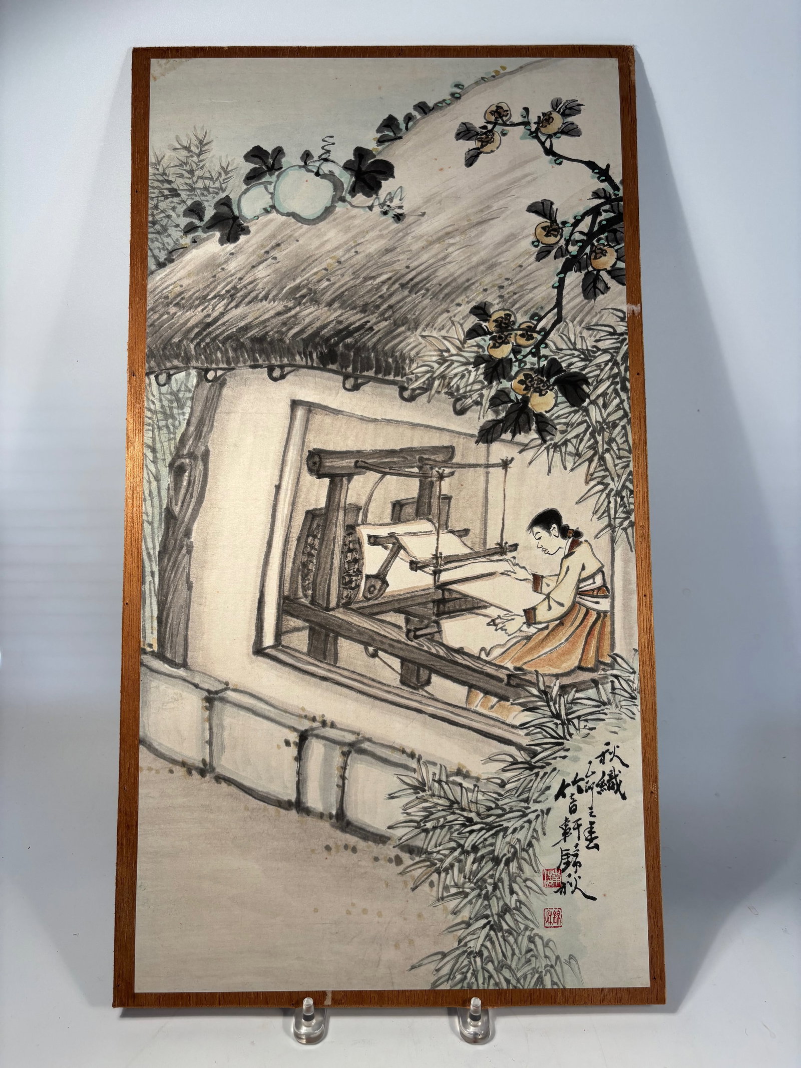 Weaving Woman – Traditional Korean Ink and Color Painting, 19th Century, Seal ‘Geumchu: A delicately rendered traditional Korean ink and color painting from the 19th century, depicting a woman weaving at a loom inside a thatched-roof home. The piece captures the quiet diligence of rural 
