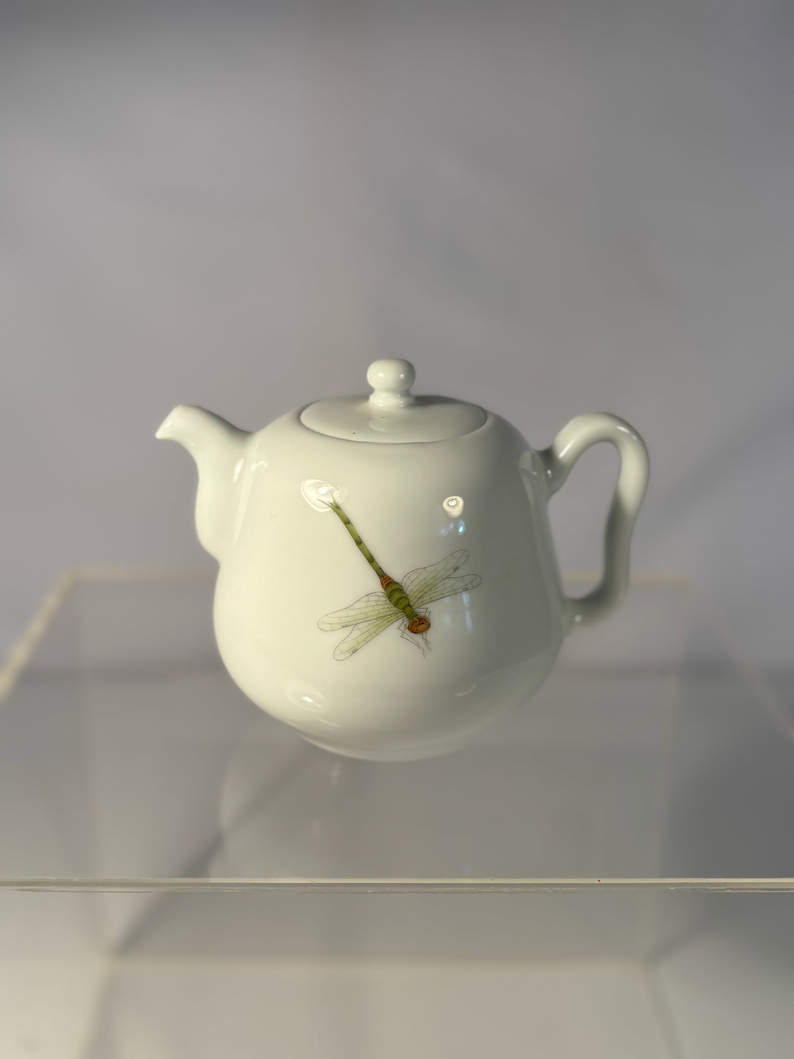 A Chinese Porcelain Teapot with Dragonfly Enamel Decoration: Early 20th century, A Chinese porcelain teapot, of rounded form with domed cover, the body decorated with a single finely painted dragonfly in green and orange enamels, the white glaze otherwise left 