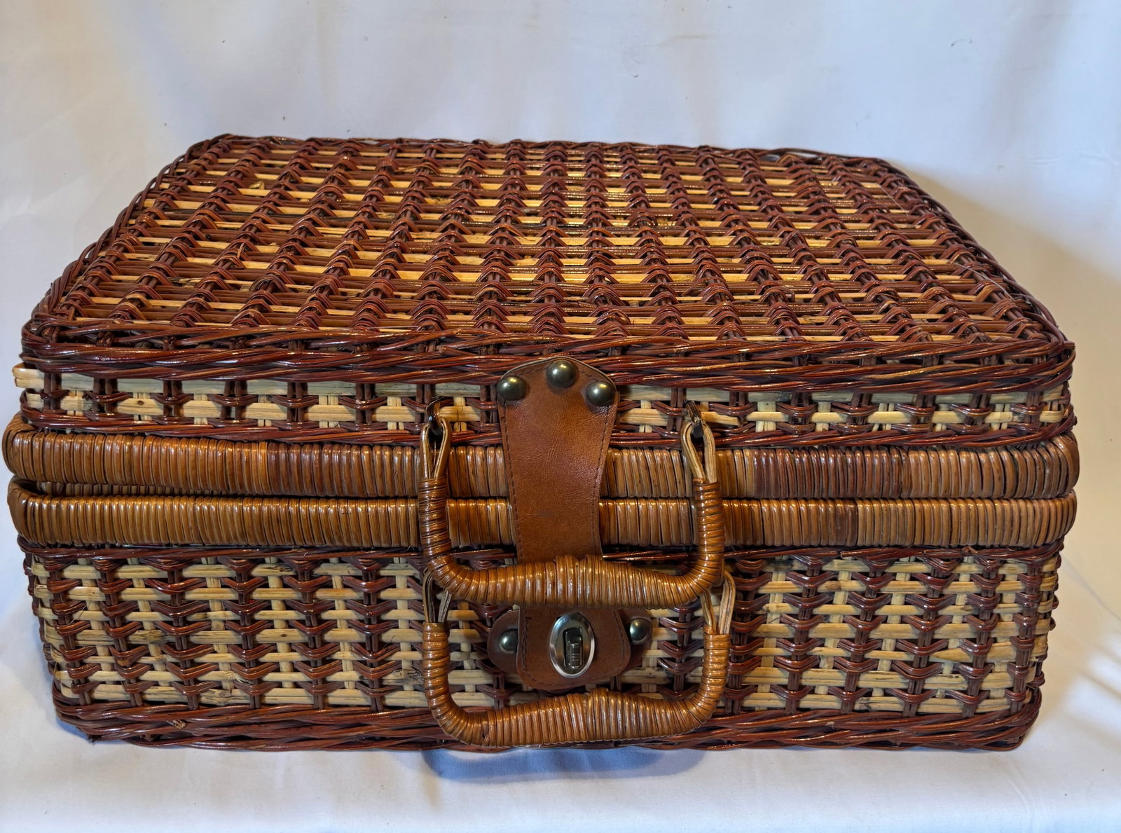 Vintage Woven Wicker Picnic Suitcase with Pink Plaid Interior (1 of 14)