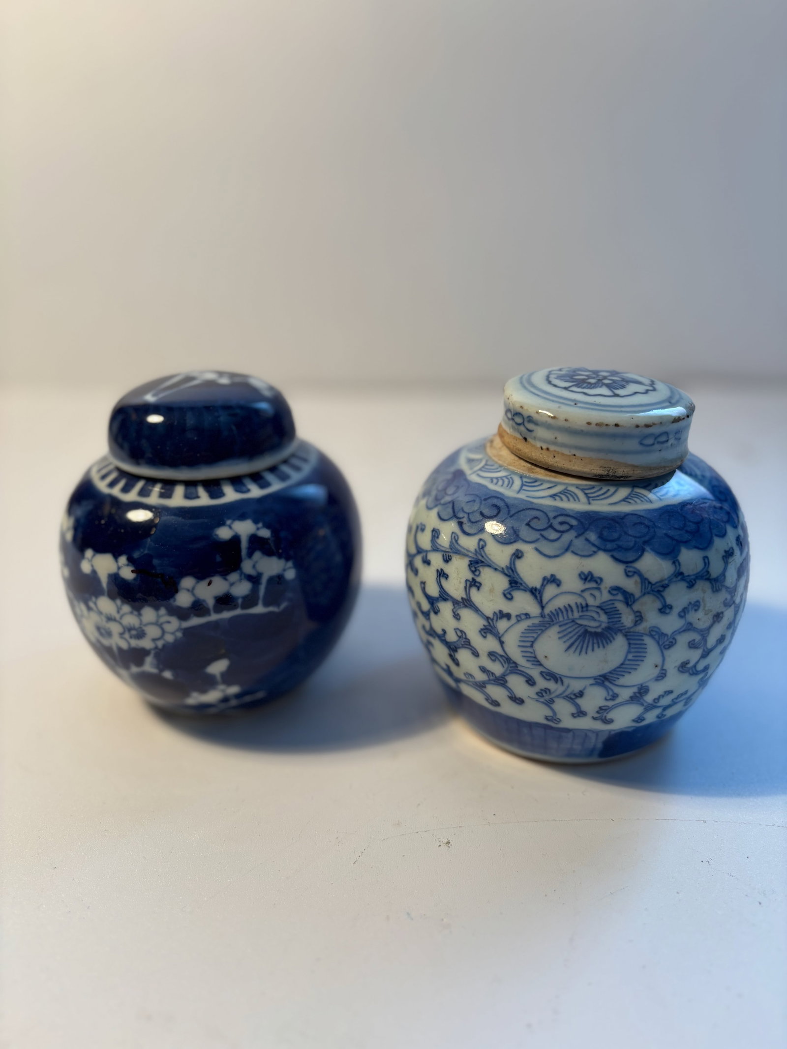 Two Chinese blue and white porcelain jars: Qing dynasty (1644–1912); Dimensions? Height: 4 1/2inches