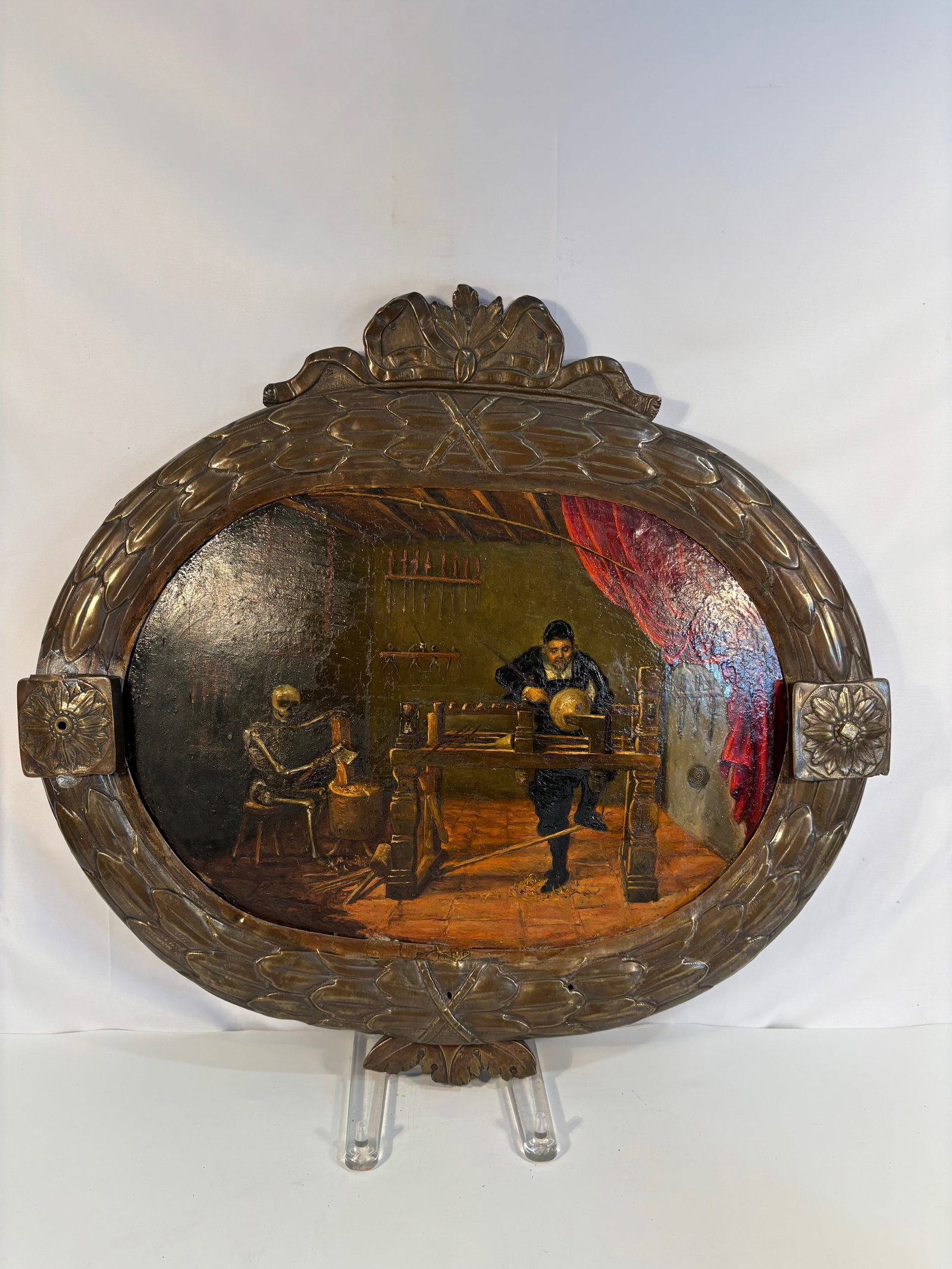 Oil on Metal “Memento Mori??, Allegorical Scene, with Oval brass Frame: 19th Century; Probably German or Austrian; This allegorical oil painting on metal panel is centered on the theme of “Memento Mori” (“Remember you must die”). The composition depicts a 