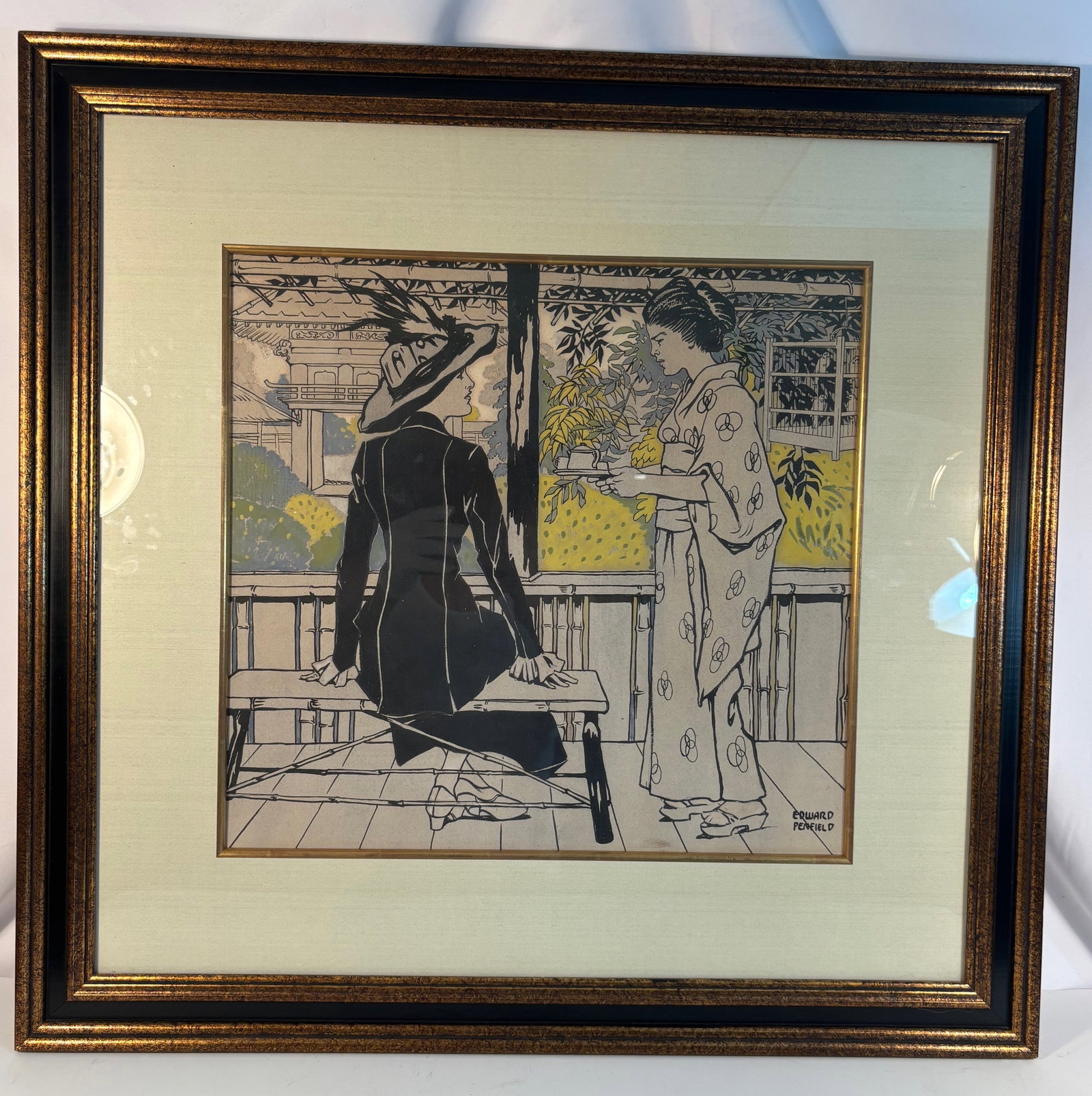Edward Penfield (American, 1866–1925) ,Japanese Tea Garden, Original color lithograph, signed in: This original lithograph by Edward Penfield, one of America’s foremost illustrators and poster artists, depicts two elegantly dressed women in a serene Japanese-style pavilion overlooking a garden. 