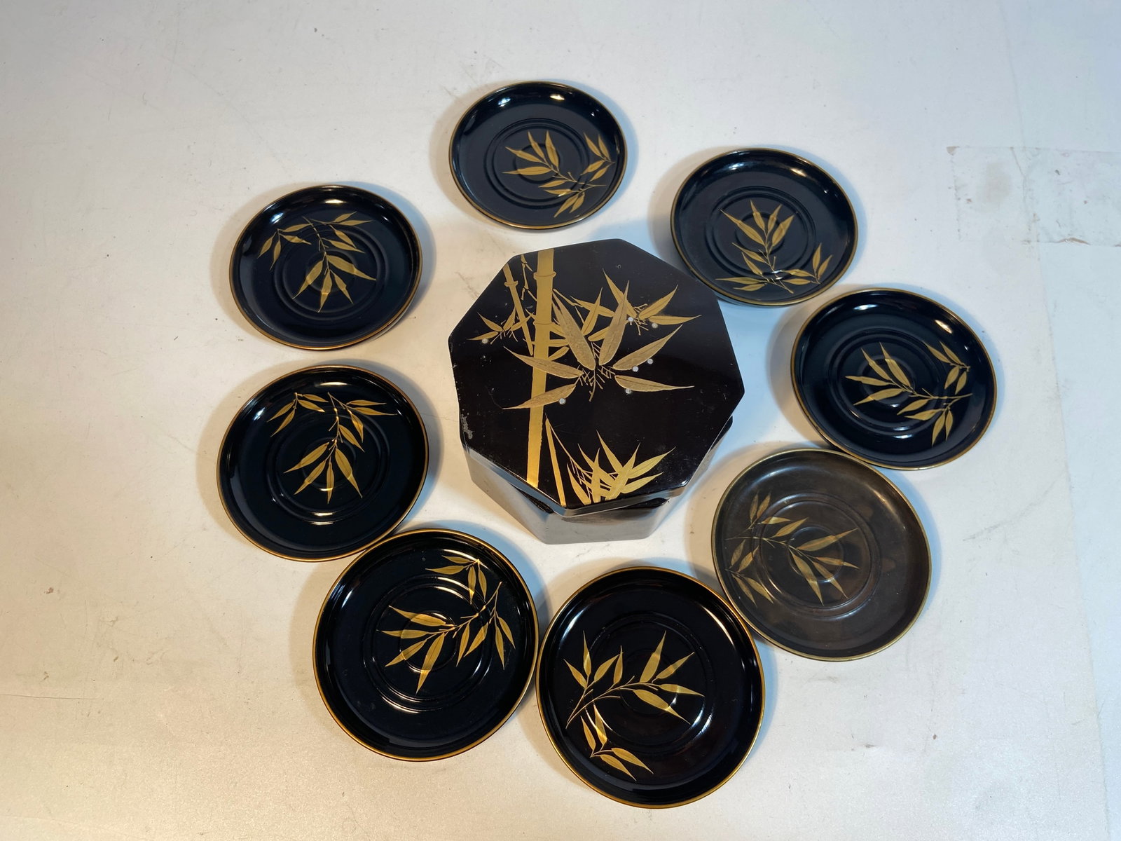 Japanese Black Lacquer Bamboo Motif Tea Service with Covered Box (1 of 6)