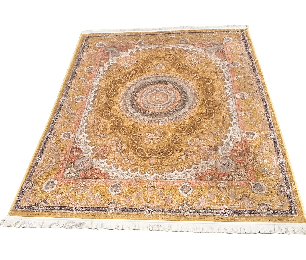 Large Handwoven Silk Persian Style Medallion Rug 108 x 8.1 ft: Finely woven silk rug featuring an intricate central medallion, scrolling arabesque motifs, floral decoration, and a rich golden field. Exceptional detail and lustrous silk pile throughout. Approx. 10