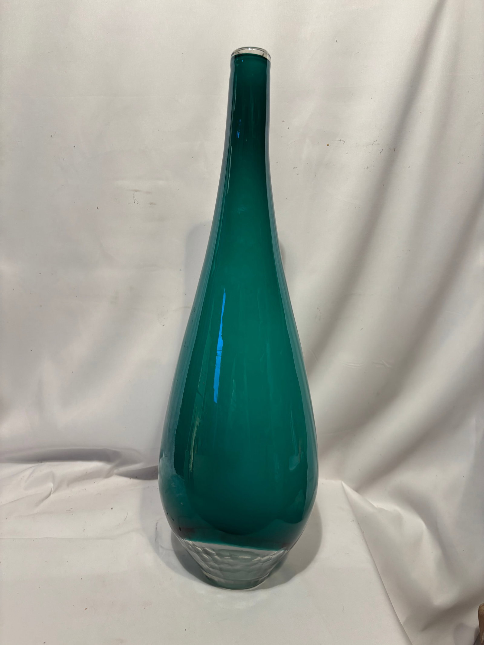 Large Murano Style Hand Blown Art Glass Vase, 21.5 Inches: Large Murano style hand-blown art glass vase featuring vibrant red, black, white, and amber coloration with dramatic feathered and swirled decoration. The elegant elongated neck rises from a bulbous b