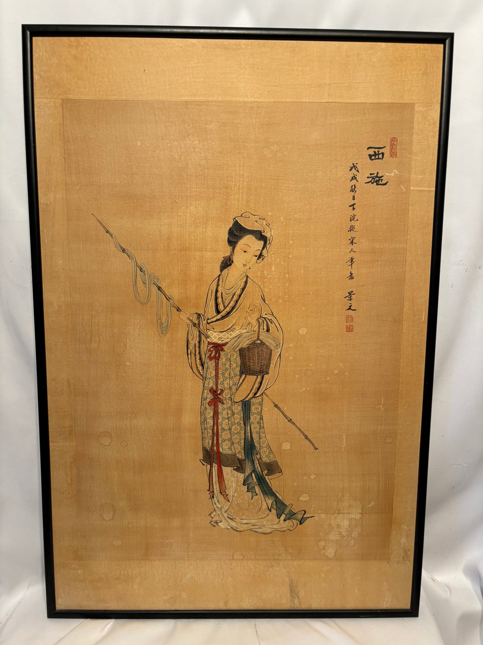 Chinese Figural Painting Depicting Xi Shi, Signed Jingwen: Depicting Xi Shi, one of the Four Beauties of ancient China. Inscribed “After the Style of Tang Masters” (???????) and signed Jingwen, possibly Zeng Jingwen (???), with artist seals. Executed 