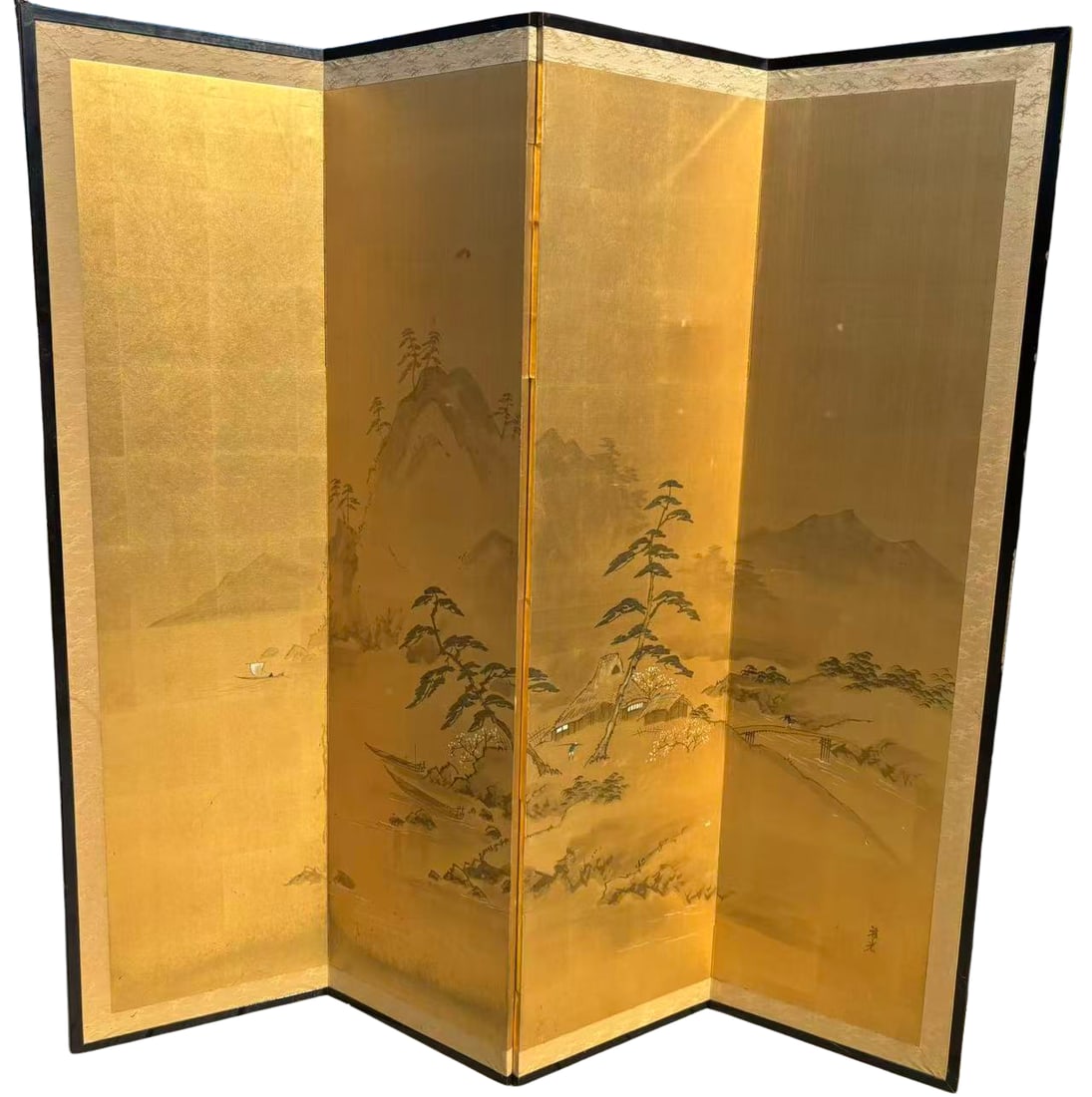 Japanese Landscape Folding Screen (By?bu), Signed Gak? , Bamboo-Backed, Edo–Meiji Period (1 of 14)