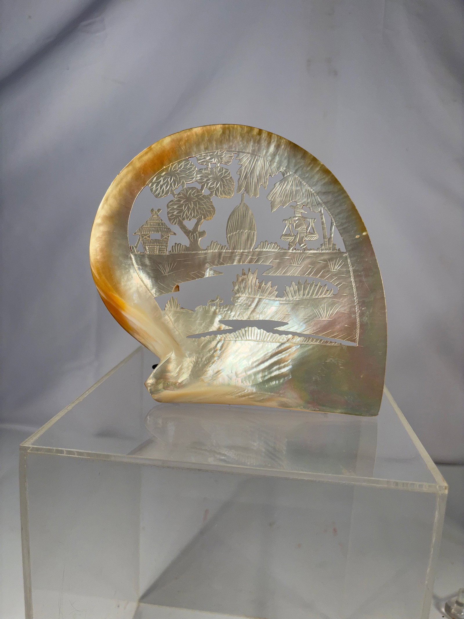 A Chinese Mother-of-Pearl Carved Landscape Plaque: Carved mother-of-pearl plaque depicting a traditional Chinese landscape scene with pavilions, trees, figures, and a winding river rendered in pierced relief. The natural iridescence of the shell highl