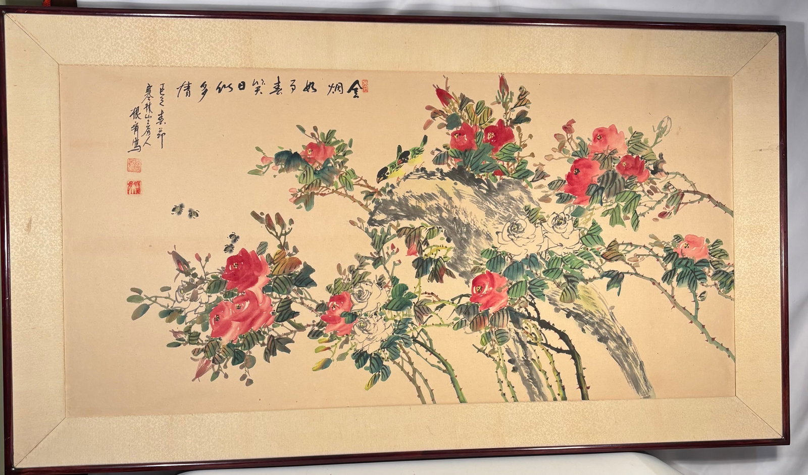 A Large Fine Korean Literati Flower and Bird Painting, Geunqi, Hanlin Sanbang Studio: A fine Korean ink and color painting on paper depicting flowering branches with vivid red and white blossoms, perched birds, and bees in an elegant natural composition. The expressive brushwork combin