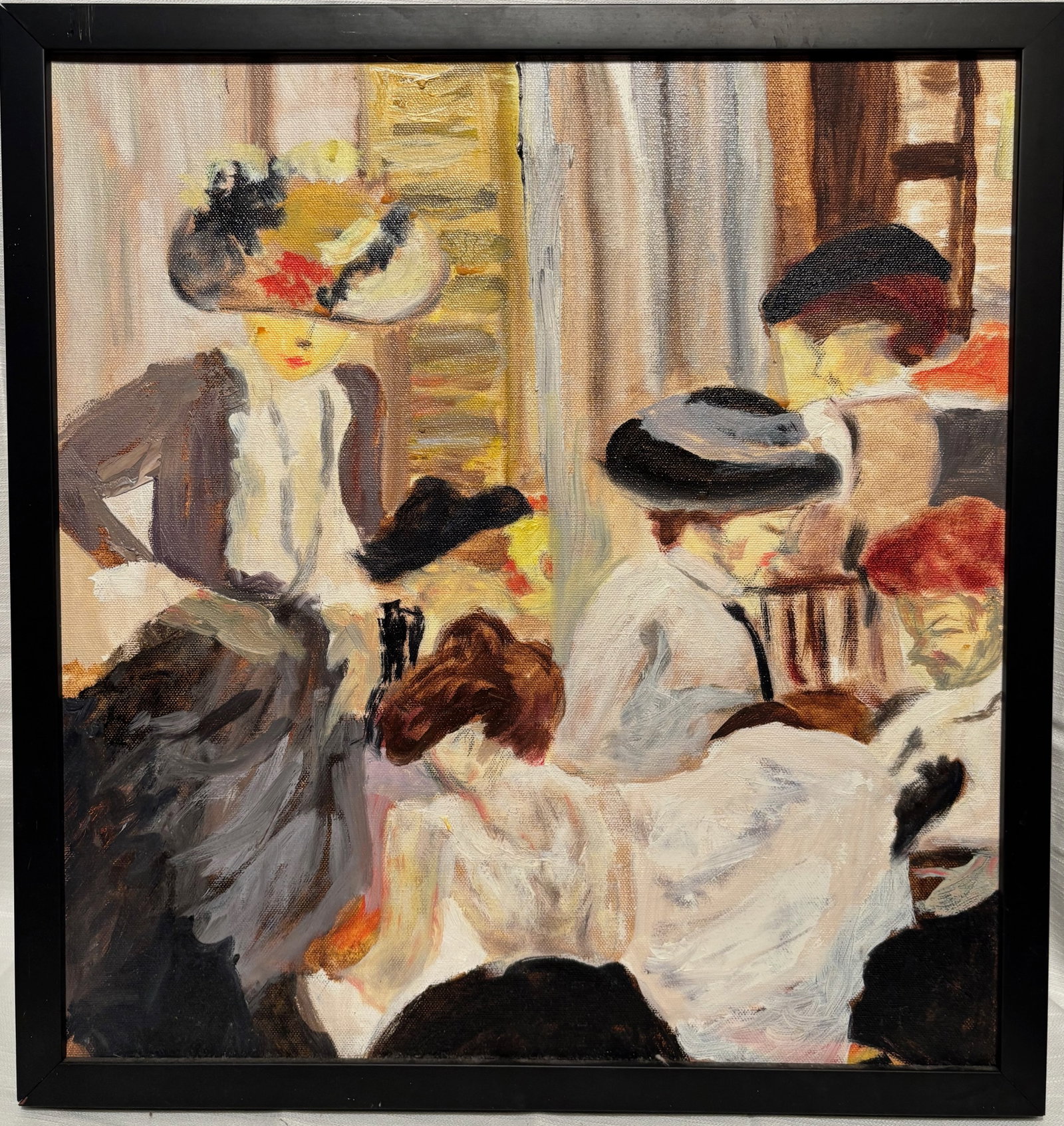 Elizabeth Sparhawk Jones (PA,MD,1885-1968) oil painting: A figurative interior scene painting executed in an impressionist-inspired style, depicting elegantly dressed figures in a social setting.A handwritten label on the reverse appears to read “Elizabet