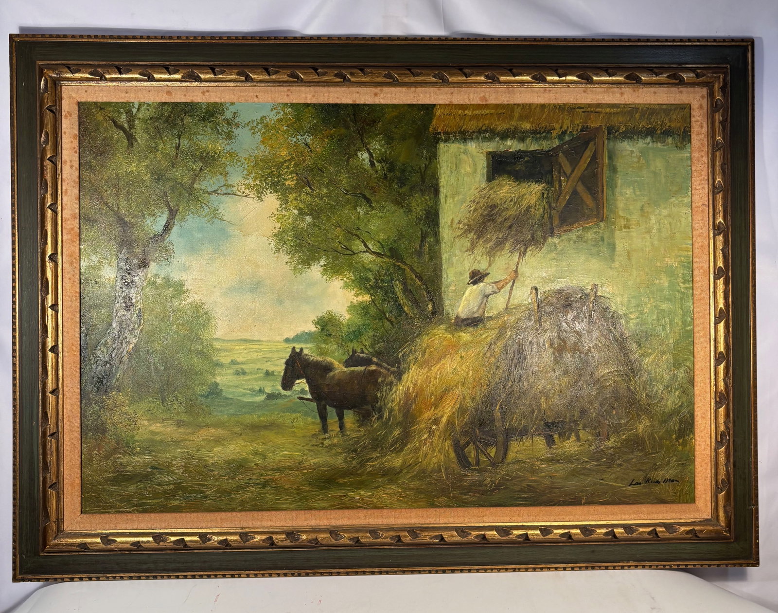 A Large.European or Continental School, Oil on Canvas Rural Farm Scene, Signed: Early-mid 20th century, Oil on canvas depicting a rural farm scene with a farmer unloading hay from a loft, accompanied by a horse and wagon in a pastoral landscape. Rendered in a loose, impressionist