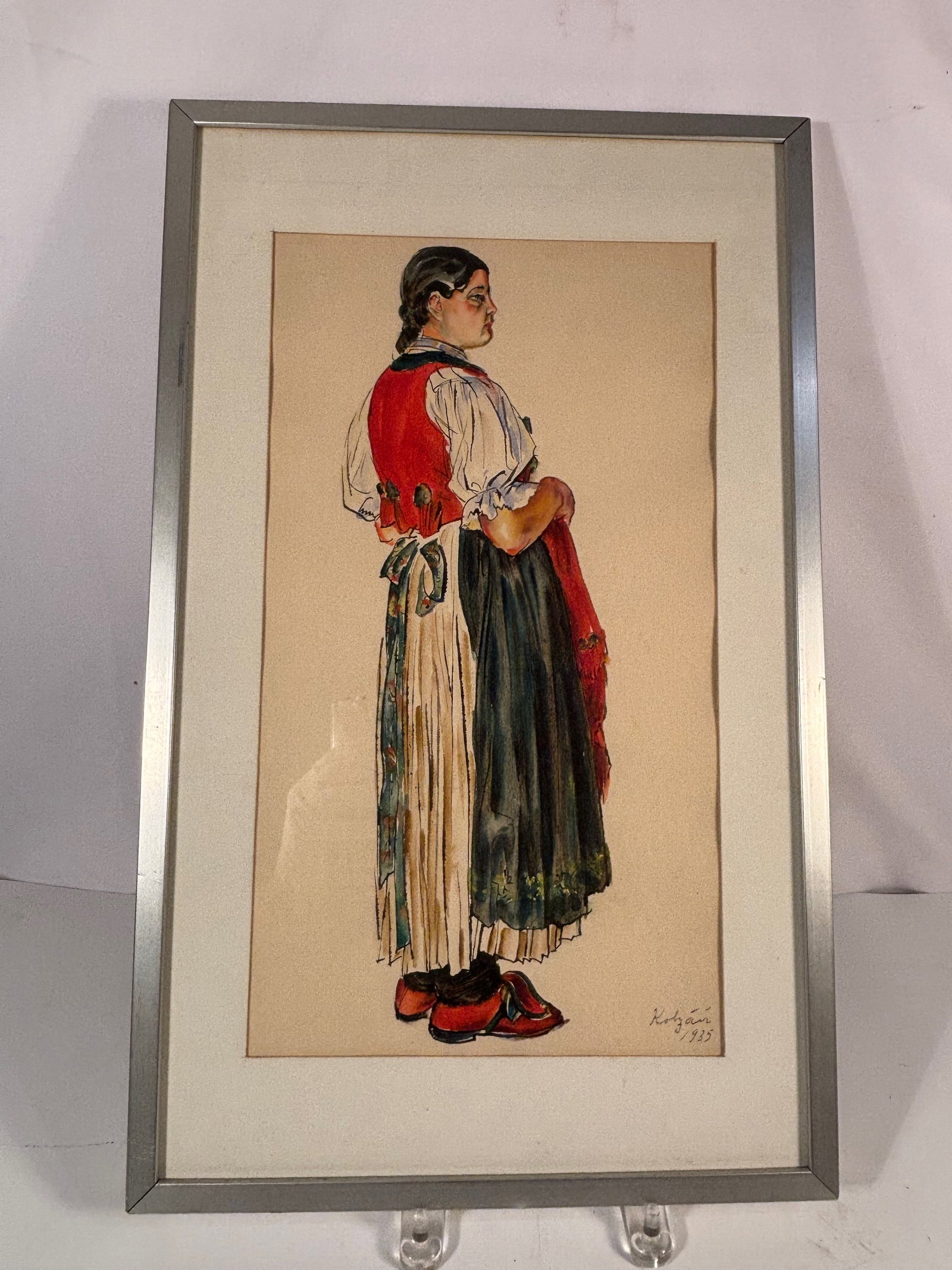 Jan Kobzá? (Czech, 1901–1959), Žena z Valašska (Woman from Valašsko), Watercolor & Ink, dated: Watercolor and ink on paper by Czech artist Jan Kobzá? (1901–1959), titled Žena z Valašska (Woman from Valašsko) and dated 1933. The work depicts a young woman in traditional Valašsko folk cost