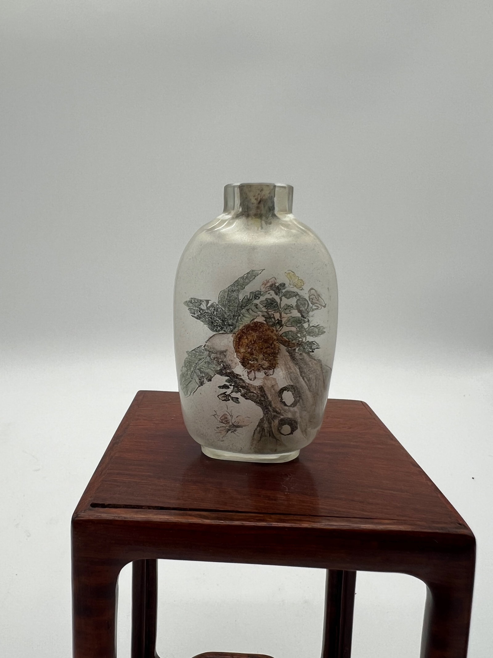 An Reverse painted glass snuff bottle: Qing Dynasty (1644-1912); The snuff bottle in your latest images features a charming and detailed depiction of a small animal, possibly a cat, on a tree branch with surrounding foliage and butterflies