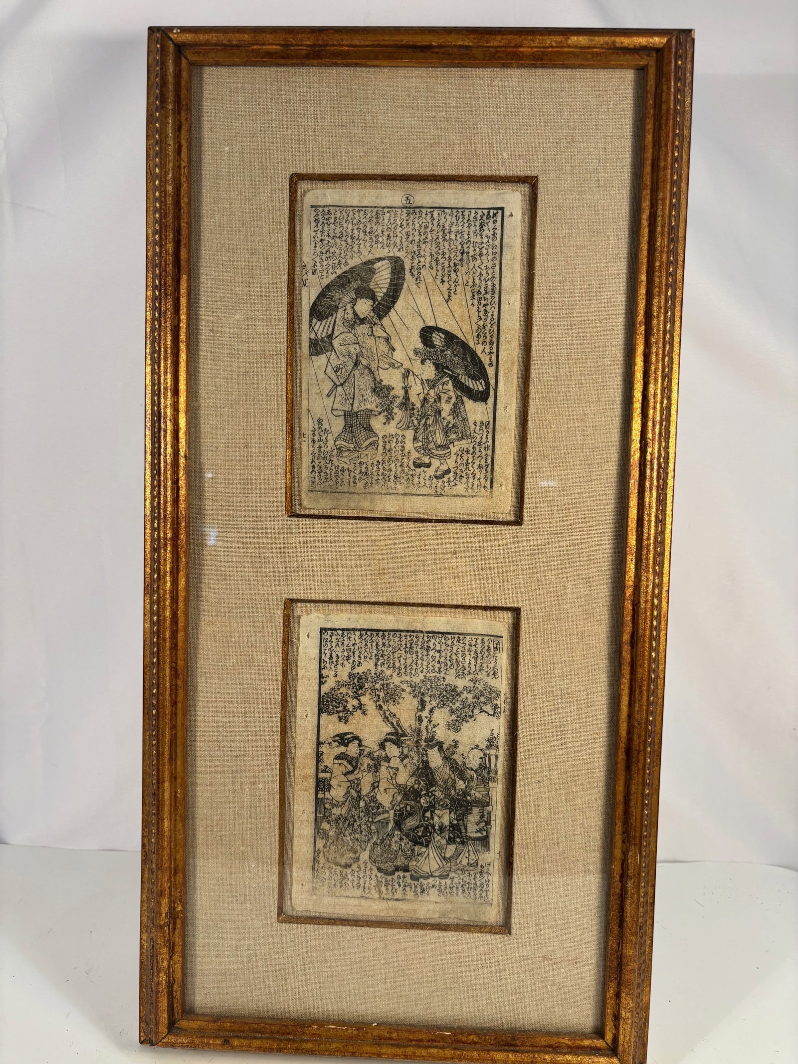 Pair of Early Japanese Woodblock Prints (Ehon Illustrations), Edo Period 18-19th century: A fine pair of early Japanese woodblock prints, likely illustrated book pages (ehon) from the late Edo period (18th–19th century). Each sheet is printed in black sumi ink on washi paper, featuring e