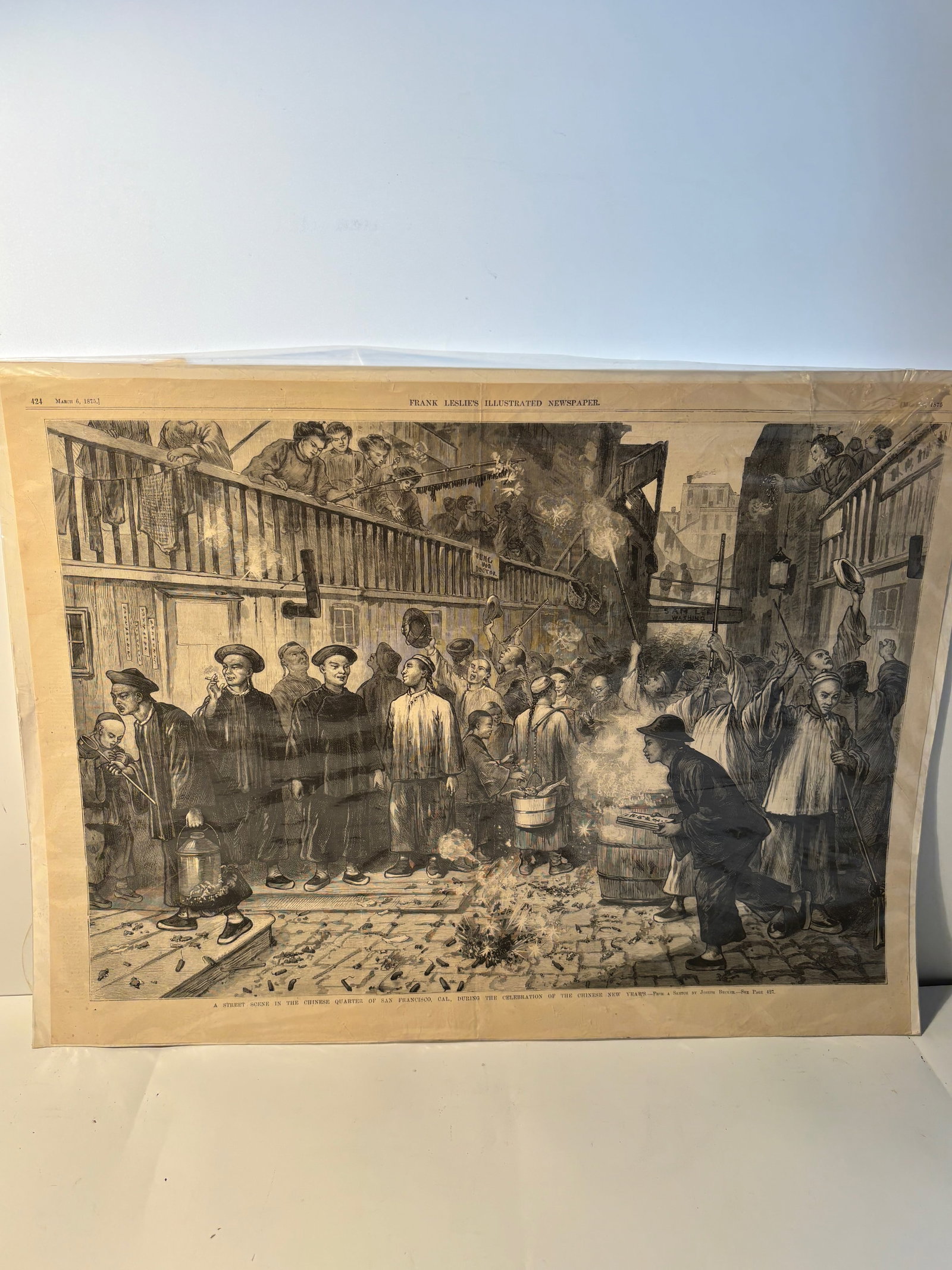 19thC Frank leslie's illustrated Newspaper: Original Frank Leslie's Illustrated Newspaper Dated March 6, 1875. Wonderful wood engravings of The scene depicted seems to illustrate life or events in San Francisco’s Chinese Quarter, with the cap