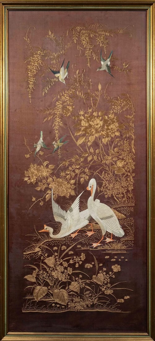 Embroidered Silk Panel with Birds and Blossoms on Crimson Ground, Framed: Qing Dynasty(1644-1912); Embroidered Silk Hanging Panel with Cranes and Blossoms Gold and polychrome thread on crimson silk, framed.This elegant embroidered silk panel features a pair of cranes among 