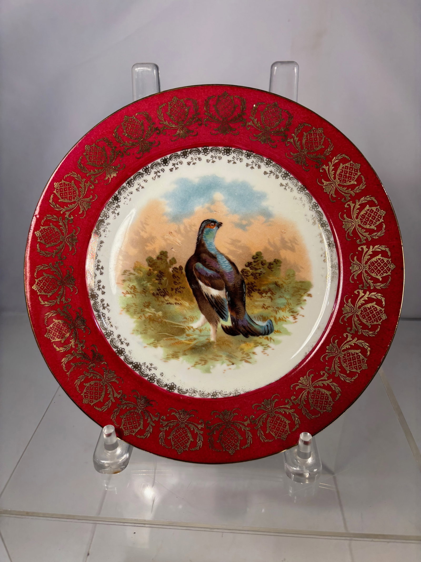 An Austrian Porcelain Cabinet Plate with Hand-Painted Game Bird: Austrian porcelain cabinet plate, late 19th to early 20th century, decorated with a finely hand-painted game bird within a landscape setting. The wide red ground border is richly embellished with gilt