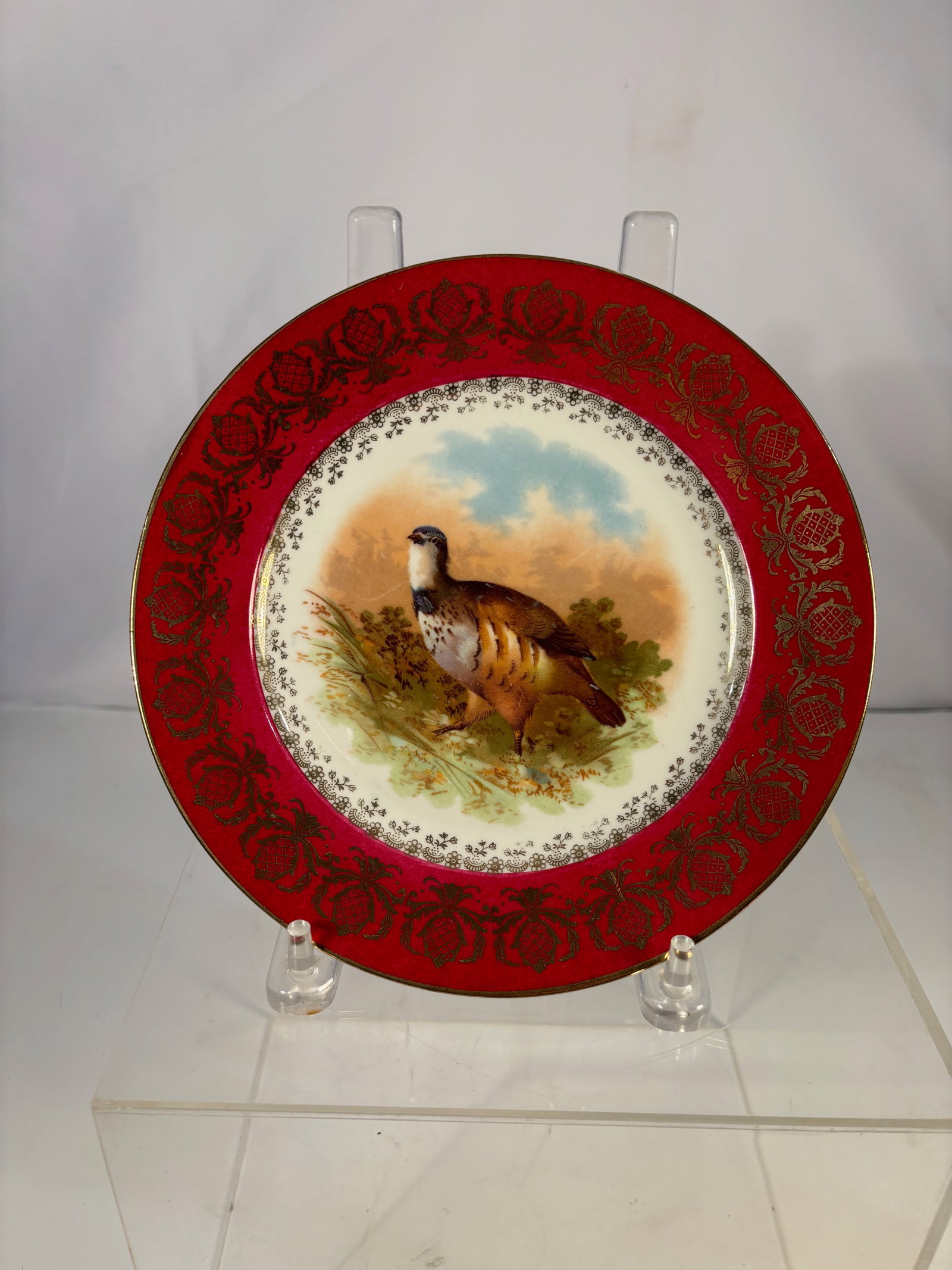 An Austrian Porcelain Cabinet Plate with Hand-Painted Game Bird: Austrian porcelain cabinet plate, late 19th to early 20th century, decorated with a finely hand-painted game bird within a landscape setting. The wide red ground border is richly embellished with gilt