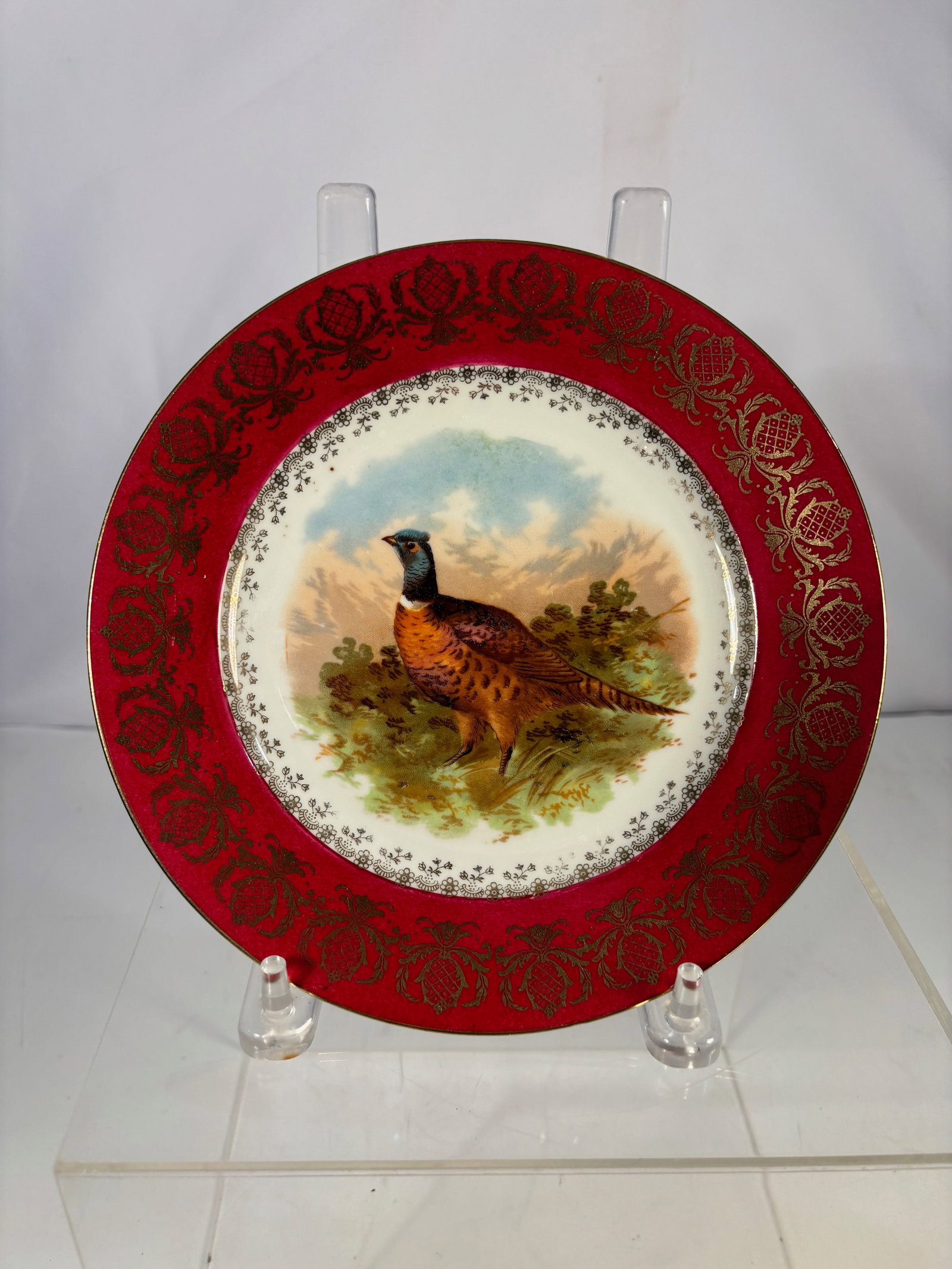 An Austrian Porcelain Cabinet Plate with Hand-Painted Game Bird: Austrian porcelain cabinet plate, late 19th to early 20th century, decorated with a finely hand-painted game bird within a landscape setting. The wide red ground border is richly embellished with gilt