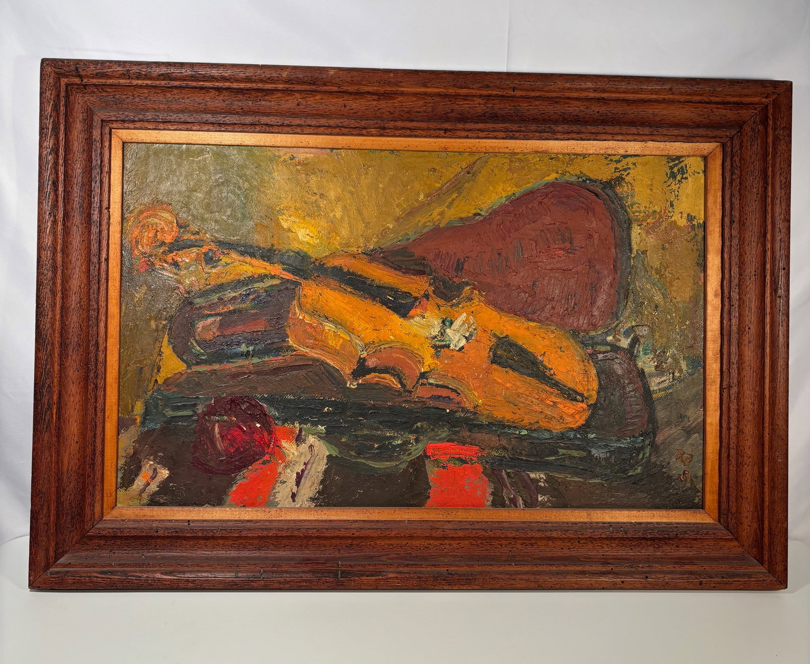 Oil on board "still life with Violin" signed R.P. 51: Oil on board depicting a richly textured still life with a violin resting against a guitar, accompanied by books and other objects on a tabletop. Executed in a bold impasto technique with a warm, eart