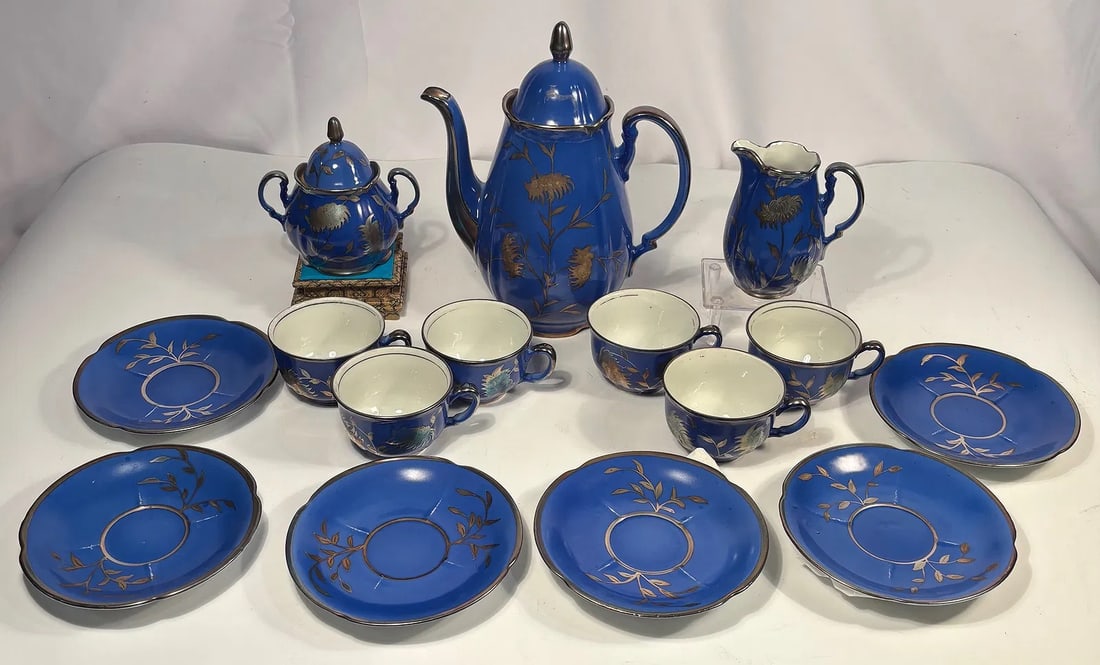 R.W. Bavaria Cobalt Blue Porcelain Coffee Service with Silver Overlay, c.1900, 15 Pieces (1 of 17)