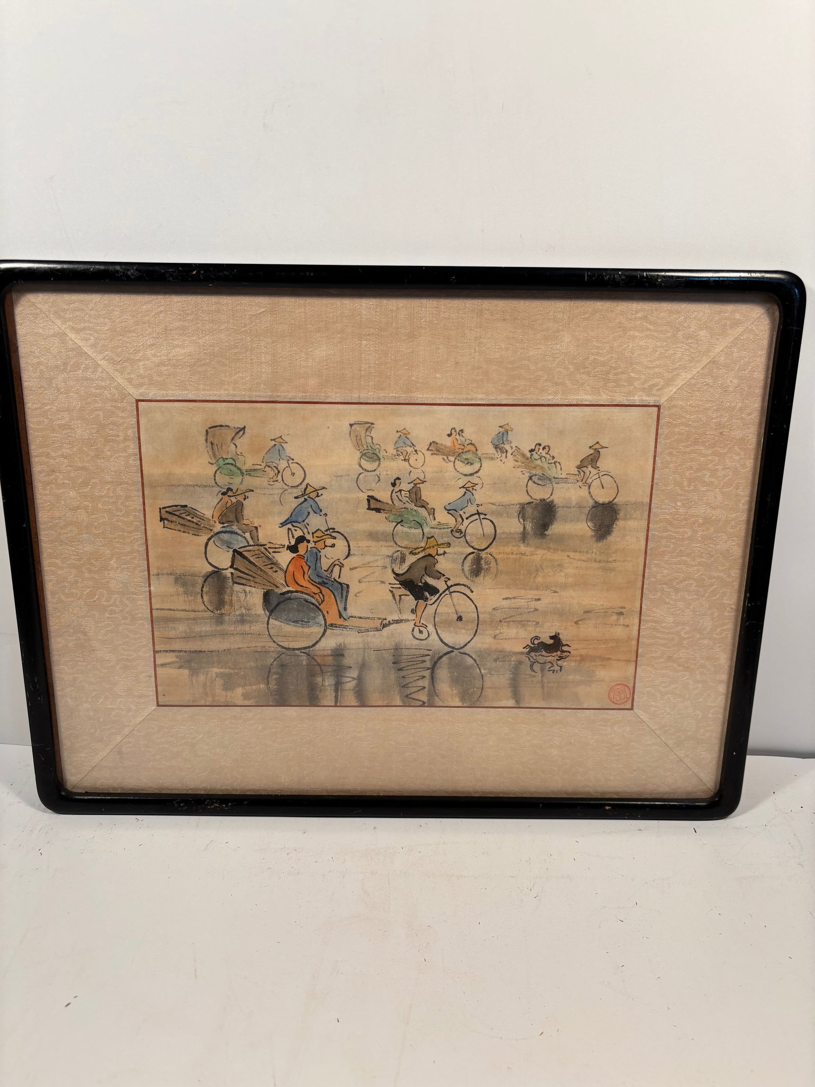 A Chinese water color painting "Bicycle street" ,unknown artist (1 of 8)
