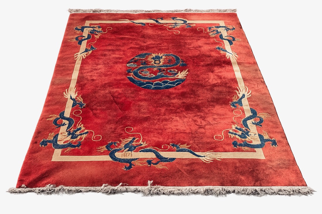 Antique Chinese Imperial Dragon Carpet 10 feet 4 inches x 8 feet: Antique Chinese Imperial-style carpet featuring a vibrant red field decorated with blue five-clawed dragons surrounding a central medallion within an ivory border. Executed in the traditional Chinese 