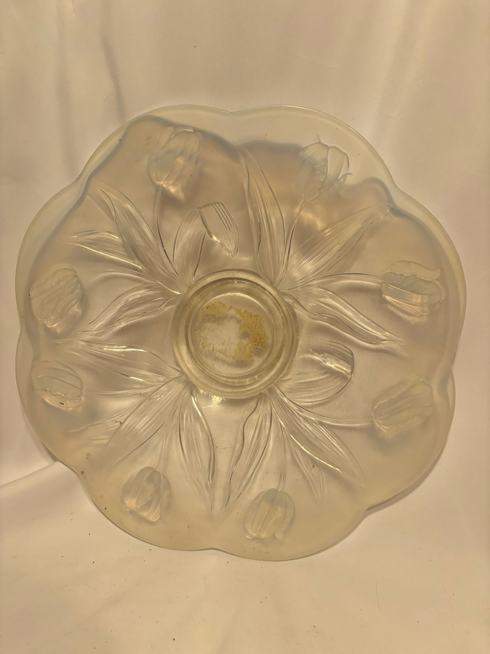 Large Vintage Glass Floral Centerpiece Bowl, 15 in. Diameter: Large glass centerpiece bowl featuring tulip blossoms and foliate decoration in relief. The scalloped rim and floral motif reflect Art Deco and mid-century decorative glass influences. Clear glass con
