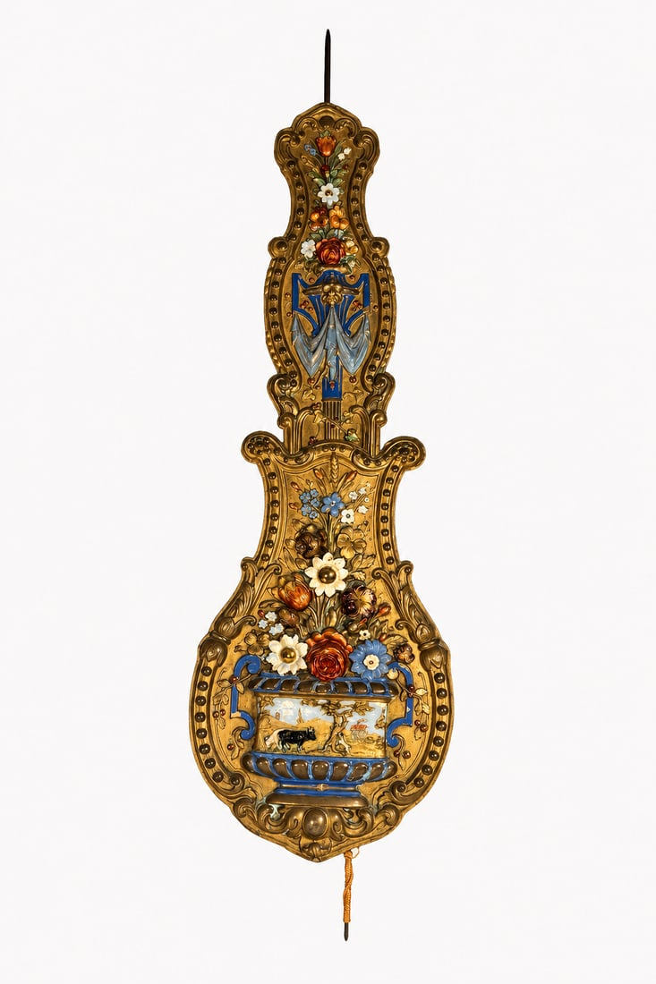 French Polychrome Comtoise Wall Clock Pendulum Shield, 19th Century (1 of 8)