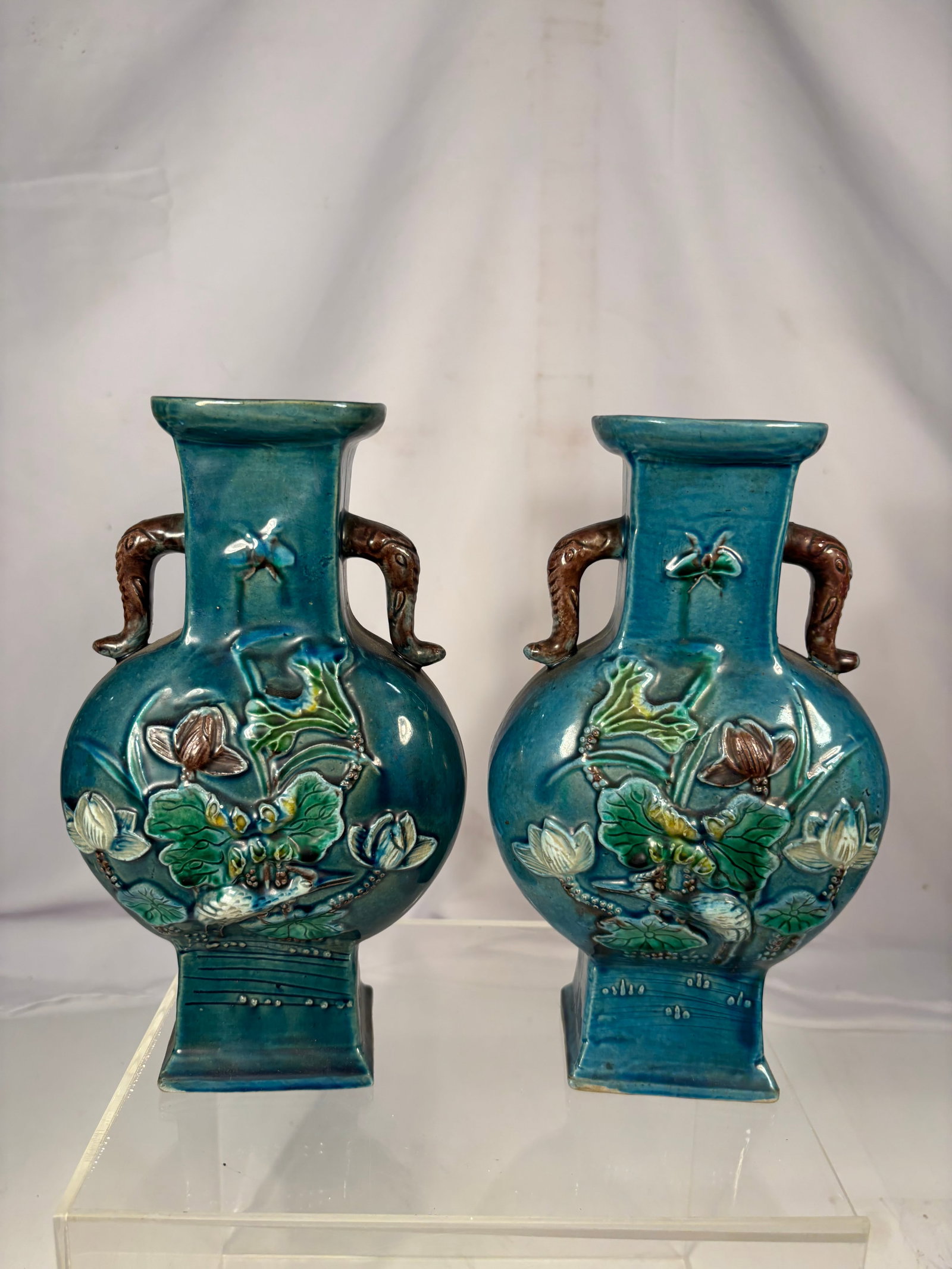 Pair of Chinese Turquoise Glazed Ceramic Lotus Vases, Republic Period (1 of 14)