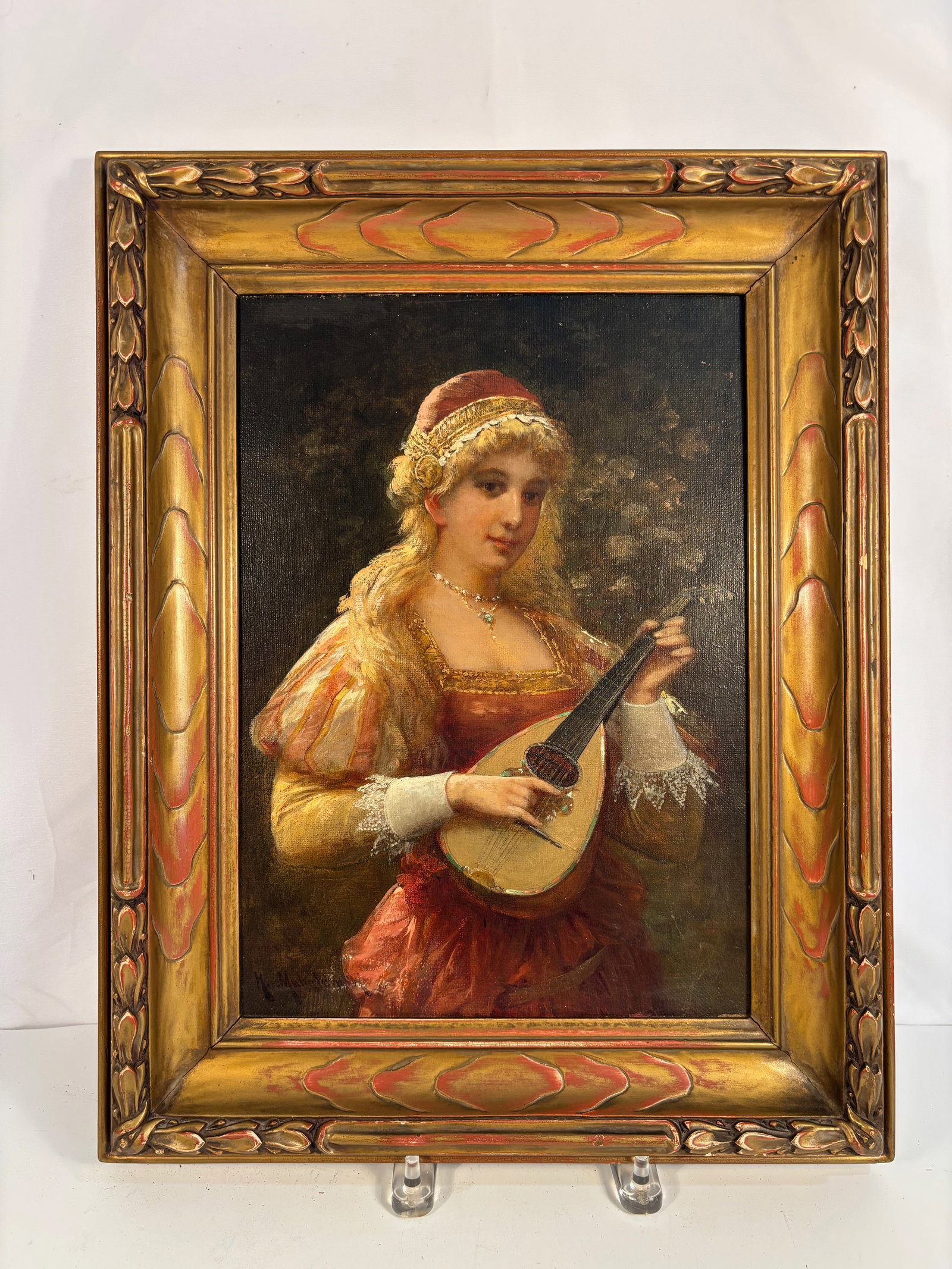 Herman von Michalowski (German, 1849–1912), “Lady of the Court with Lute,?? Oil on Canvas,: A finely rendered oil on canvas depicting a young lady in Renaissance attire playing a mandolin. The sitter wears a richly colored gown with puffed sleeves, lace cuffs, and a jeweled headdress, her ge