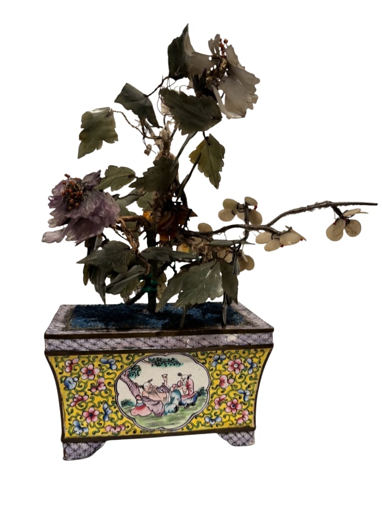 A Chinese Cloisonné Enamel Planter with Hardstone Jaade Floral Arrangement: Qing Dynasty(1644-1912); A Chinese cloisonné enamel planter featuring a finely arranged carved hardstone floral composition. The planter is decorated with a bright yellow ground, floral motifs, and a