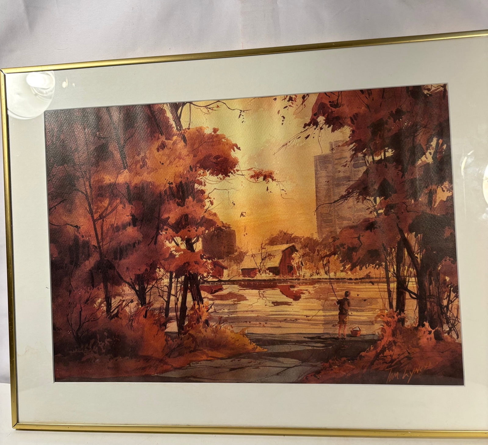 Tom Lynch Signed Limited Edition Autumn Landscape Lithograph: Signed limited edition print after an original watercolor by noted American artist Tom Lynch (b. 1950), celebrated for his luminous urban and autumn landscapes. This composition depicts a glowing fall