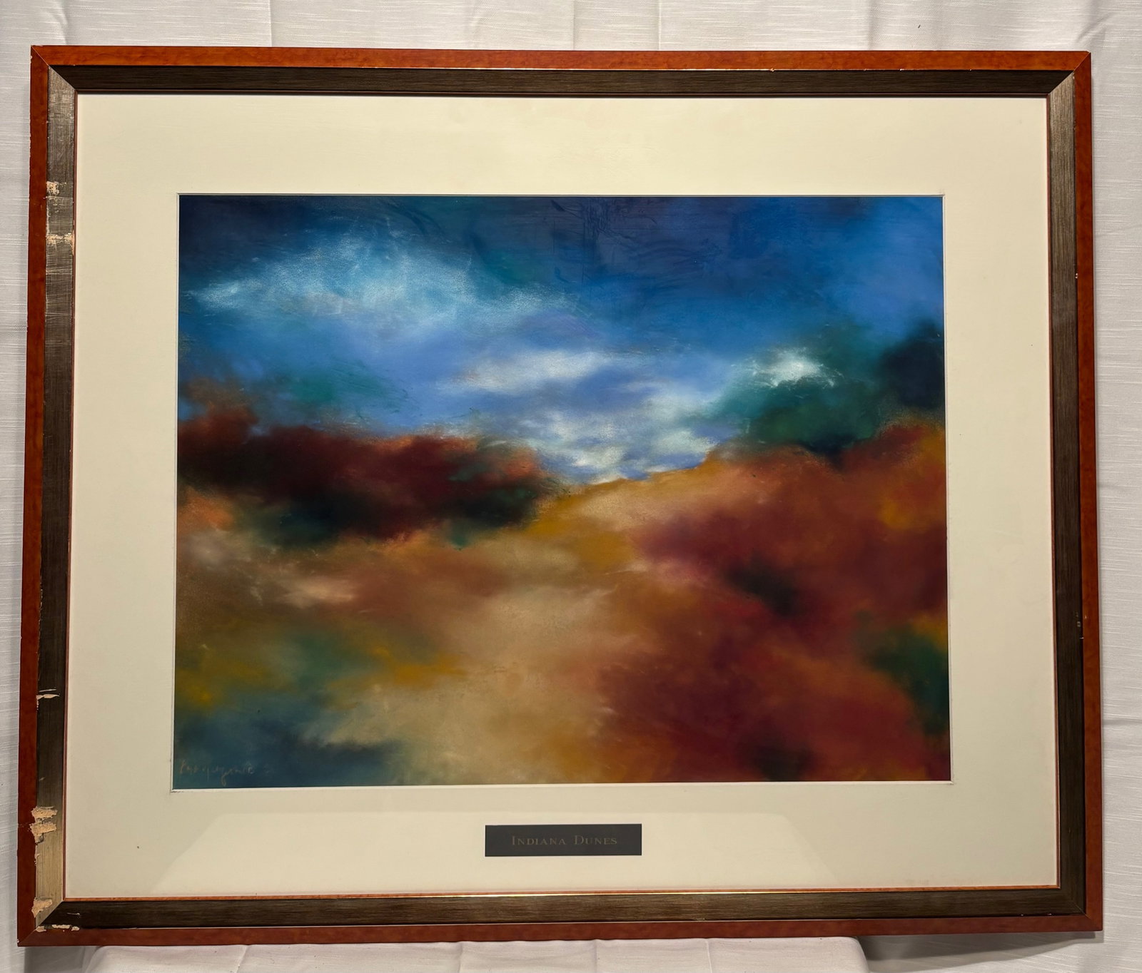 Signed Contemporary Abstract Atmospheric Landscape, “Indiana Dunes: A signed contemporary abstract landscape composition titled Indiana Dunes, rendered in luminous atmospheric tones of blue, teal, white, rust, and deep crimson. The work evokes the shifting skies, lake